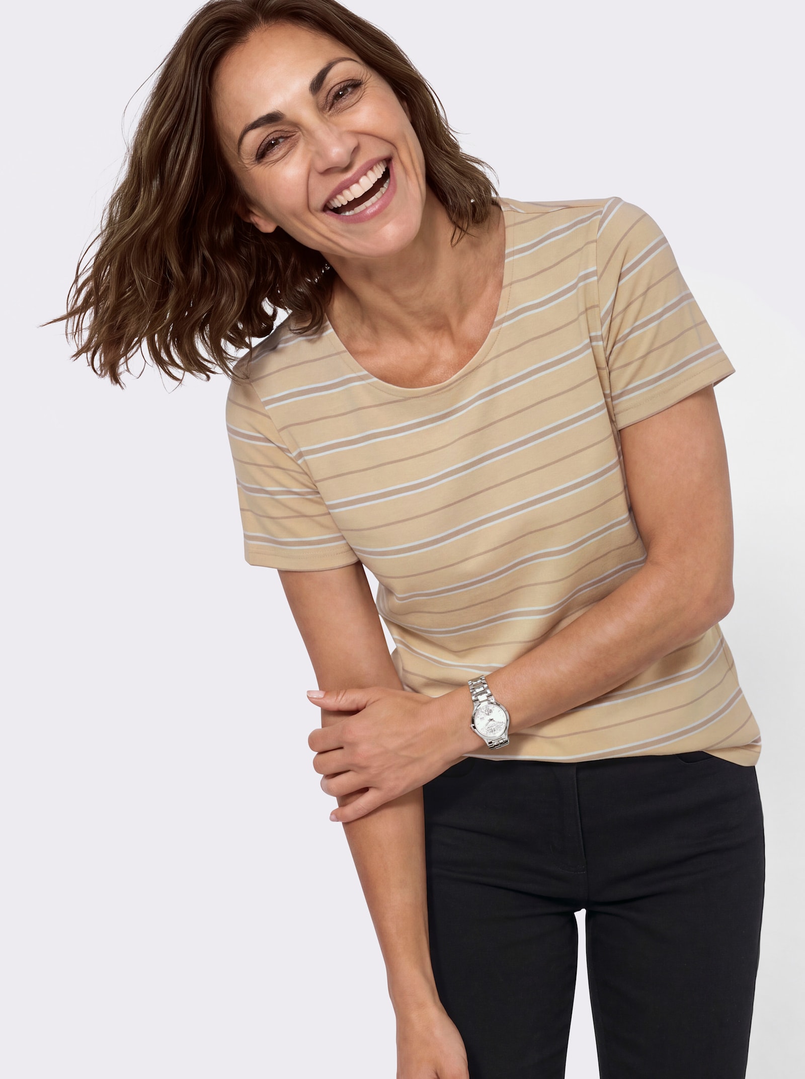 Ringelshirt mit Rundhals-Ausschnitt - vanille-beige-geringelt