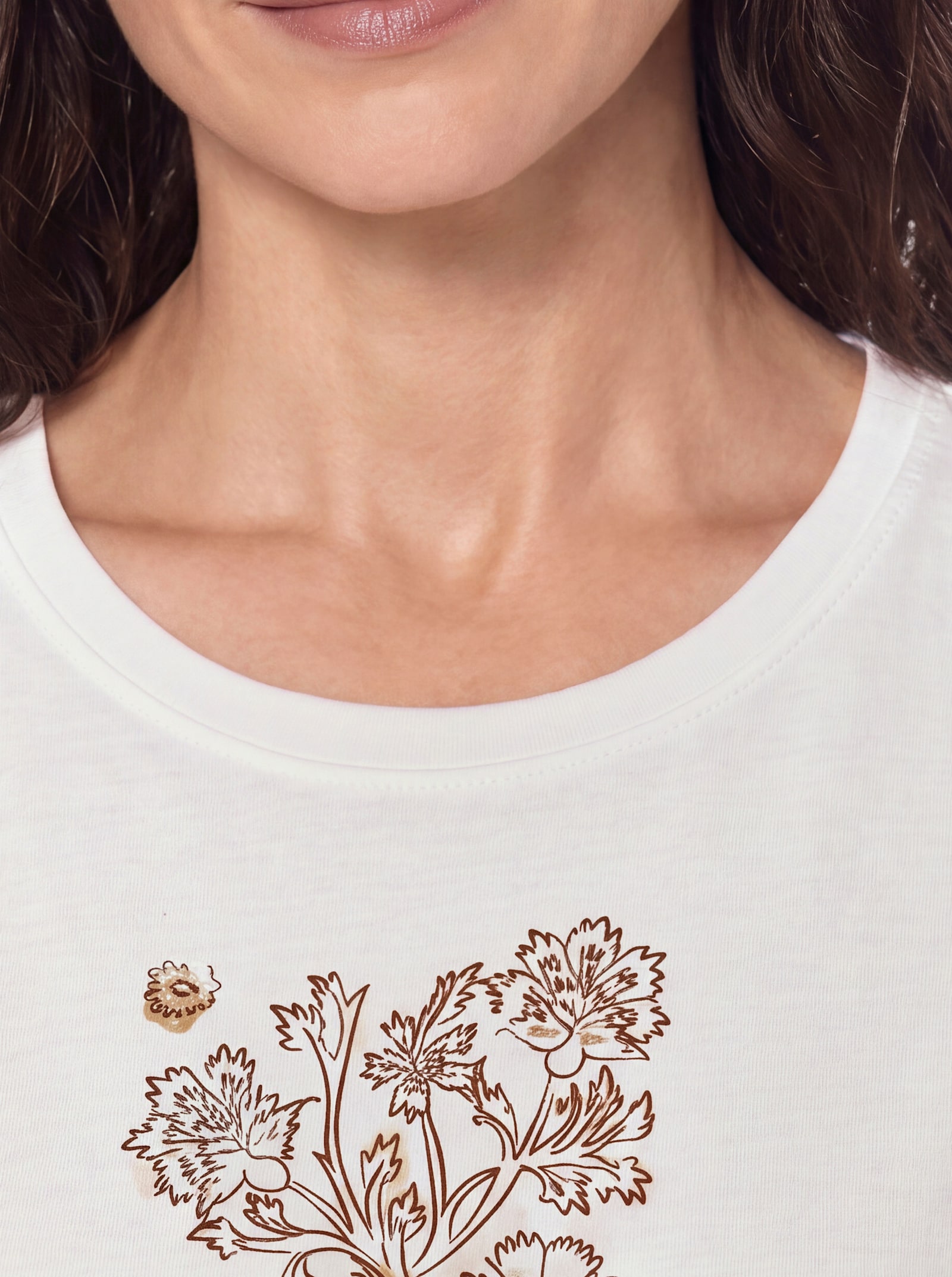 Rundhalsshirt mit Blütendruck vorne - ecru-schoko