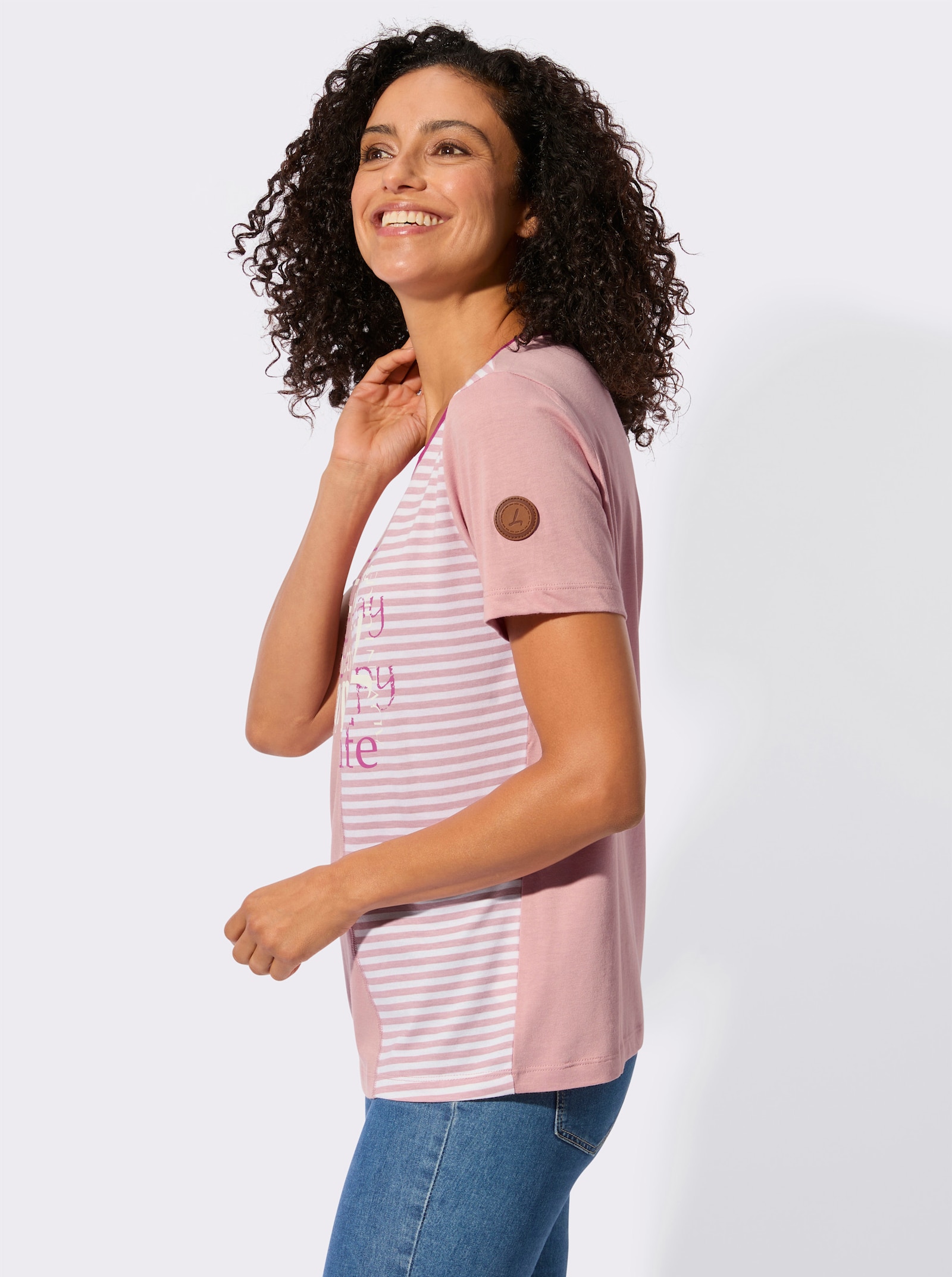 Rundhalsshirt mit Schriftzug und Streifen-Print - hortensie-erika-bedruckt