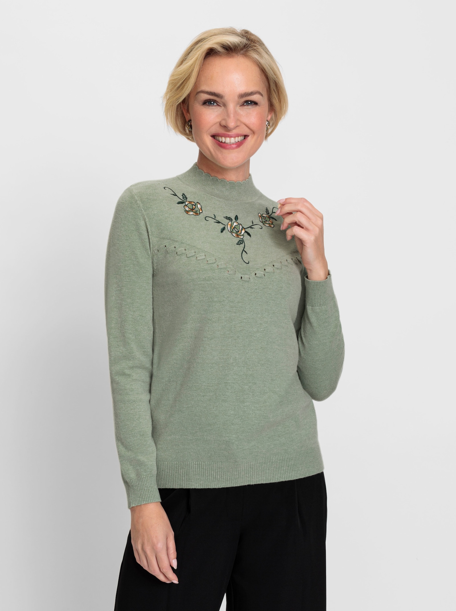Stehkragenpullover mit Stickerei - eucalyptus-meliert