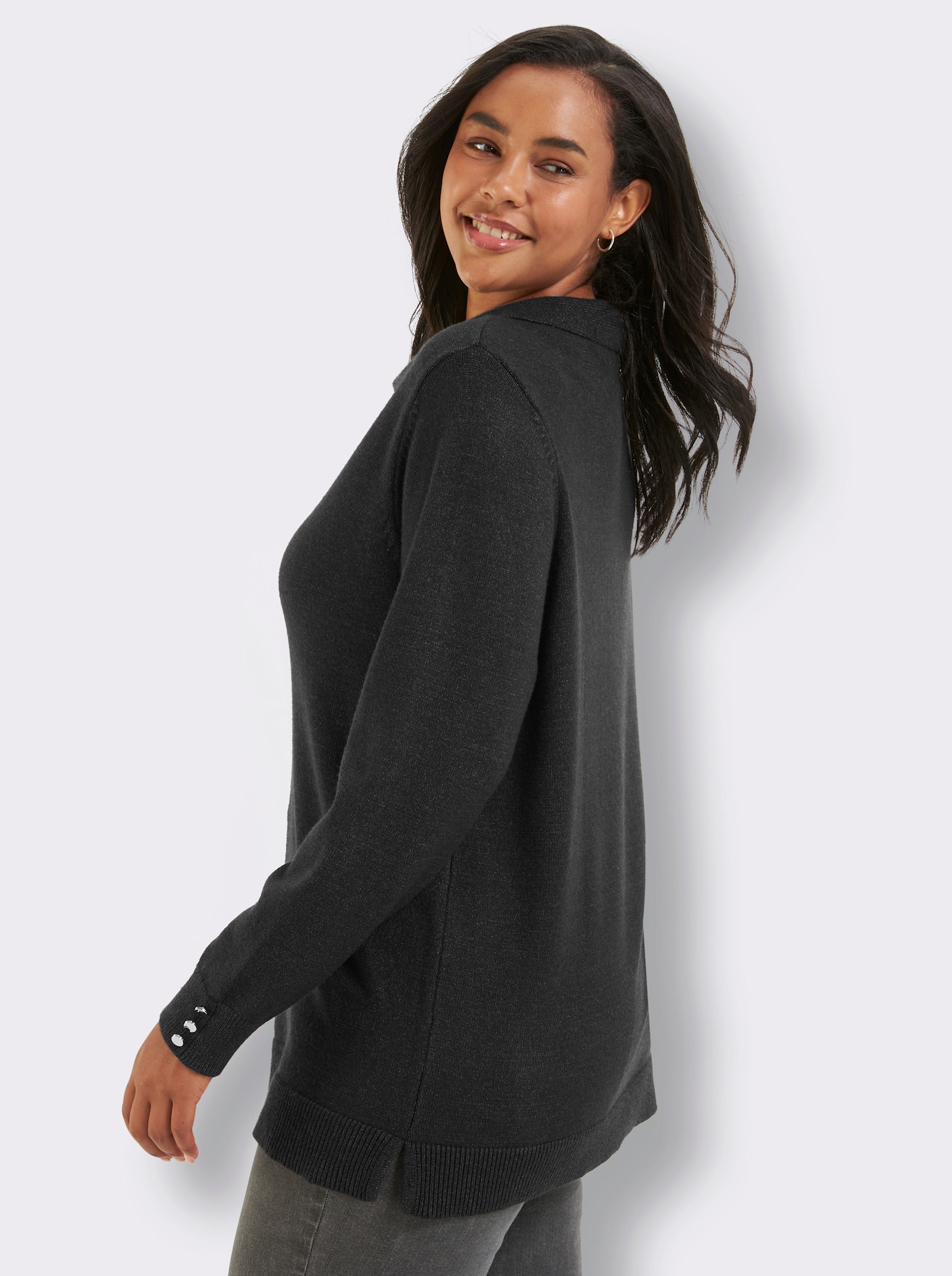 sheego Polopullover mit Seitenschlitzen - schwarz-anthrazit-meliert