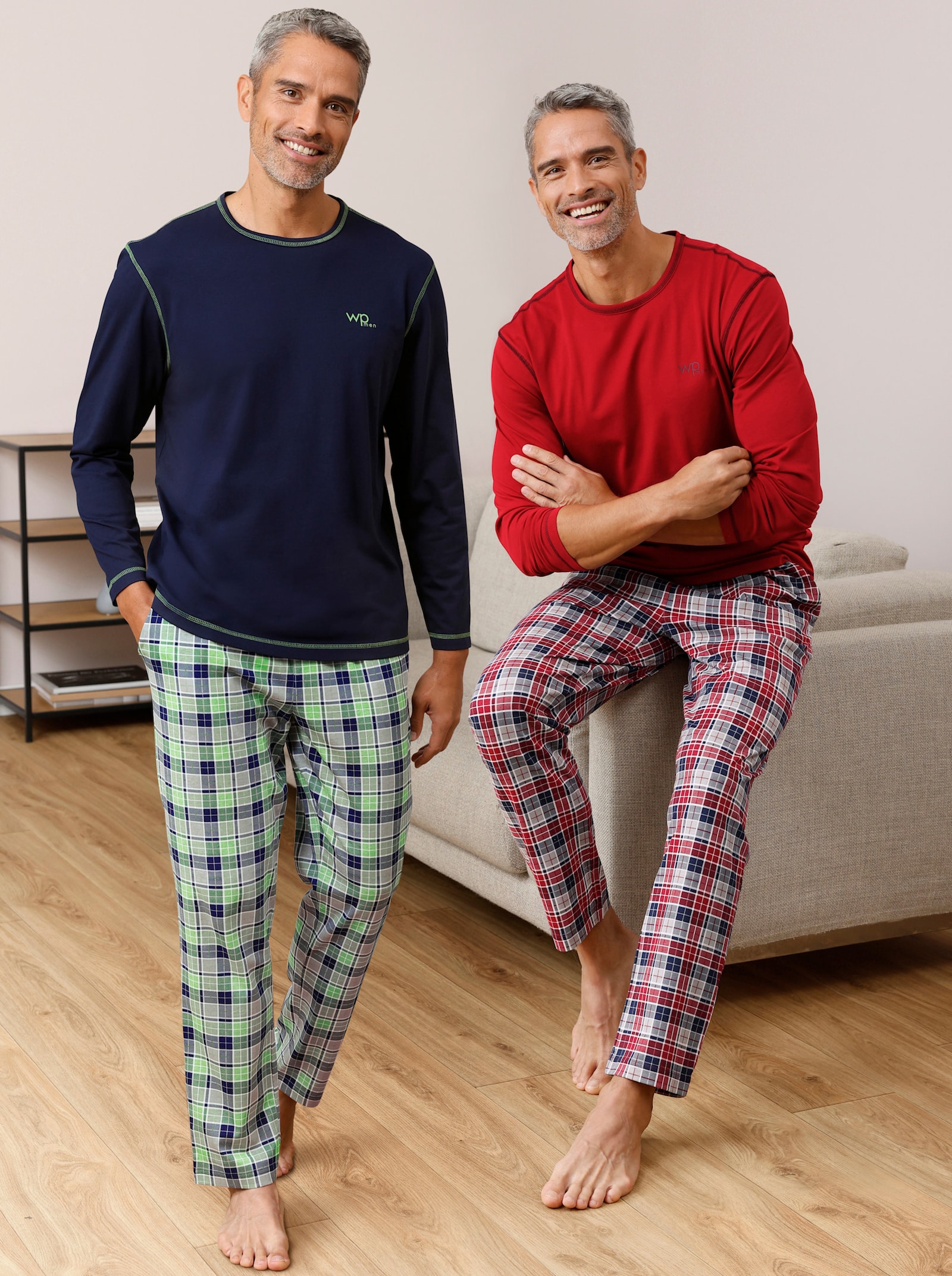 wäschepur men Pyjama's - marine/appelgroen bedrukt + marine/kers bedrukt