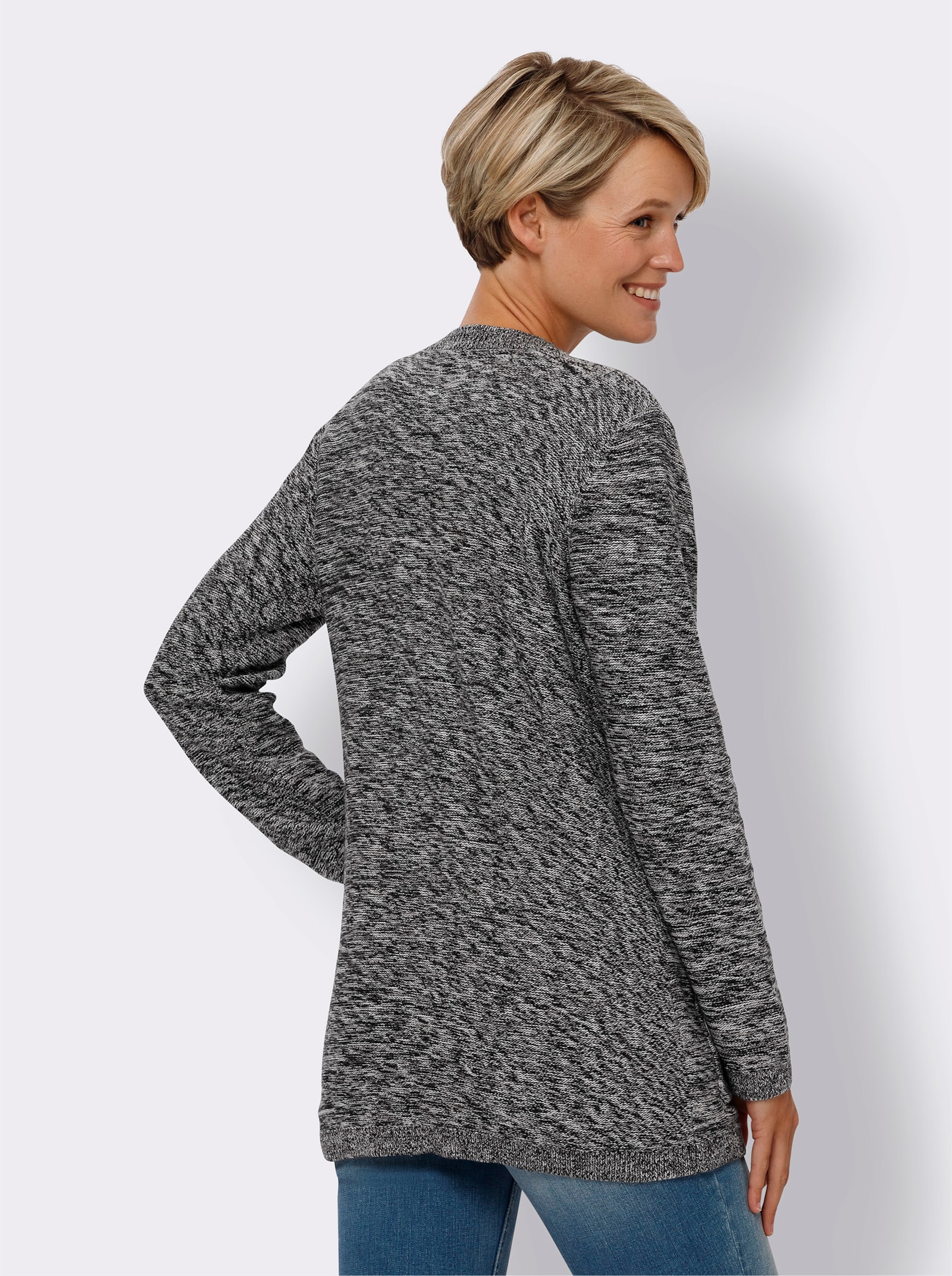 Longstrickjacke in offener Form - schwarz-ecru-meliert