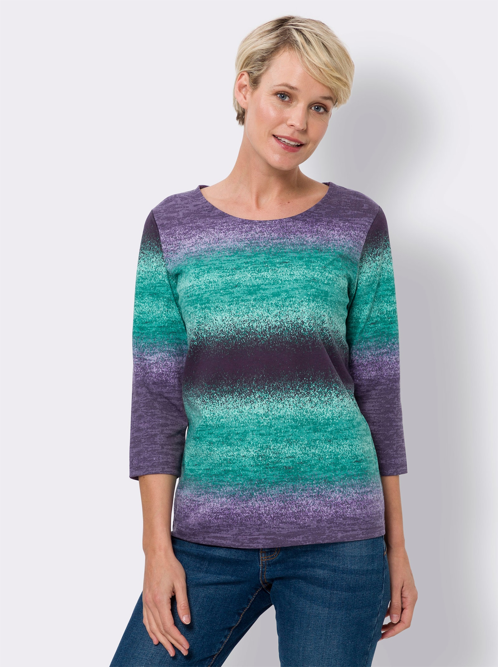 Tričko s 3/4 rukávem a odstupňováním barev - modrozel.-fíková-potisk