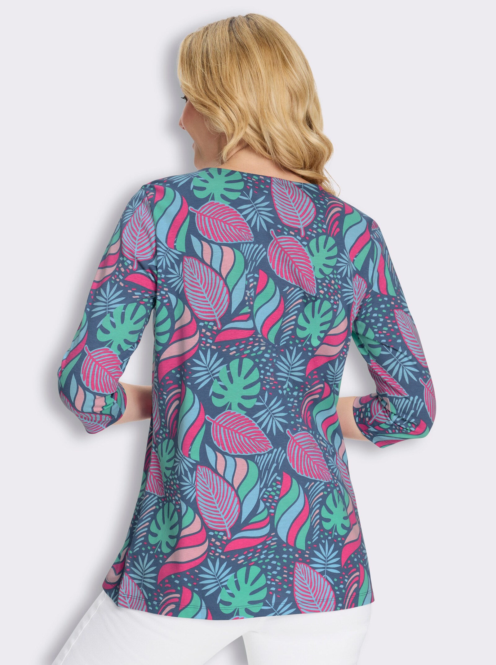 Longshirt in ausgestellter A-Linie - jeansblau-fuchsia-bedruckt