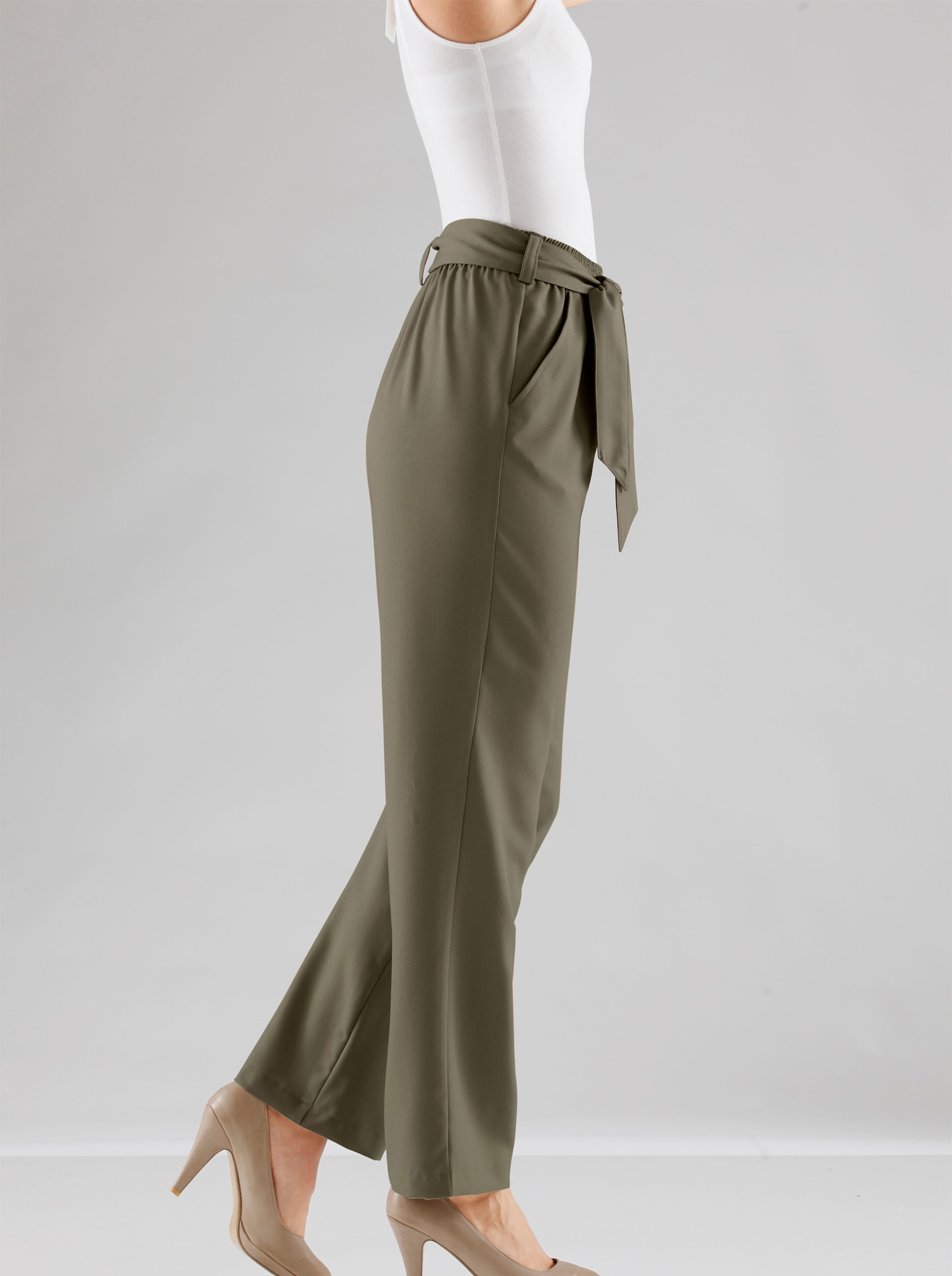 Palazzohose mit Bindegürtel - khaki
