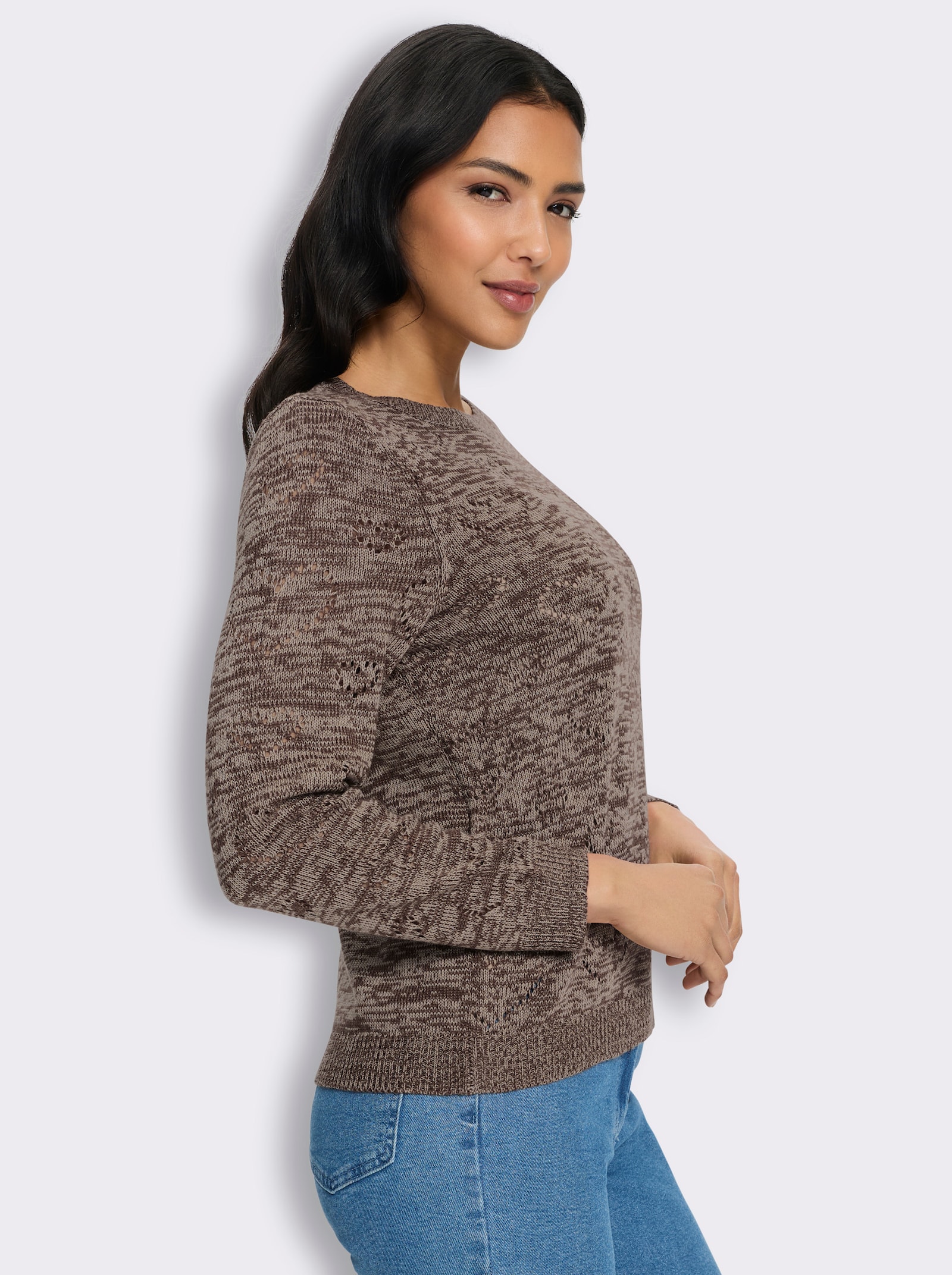 Ajourpullover mit Herzchen - schoko-sesam-meliert