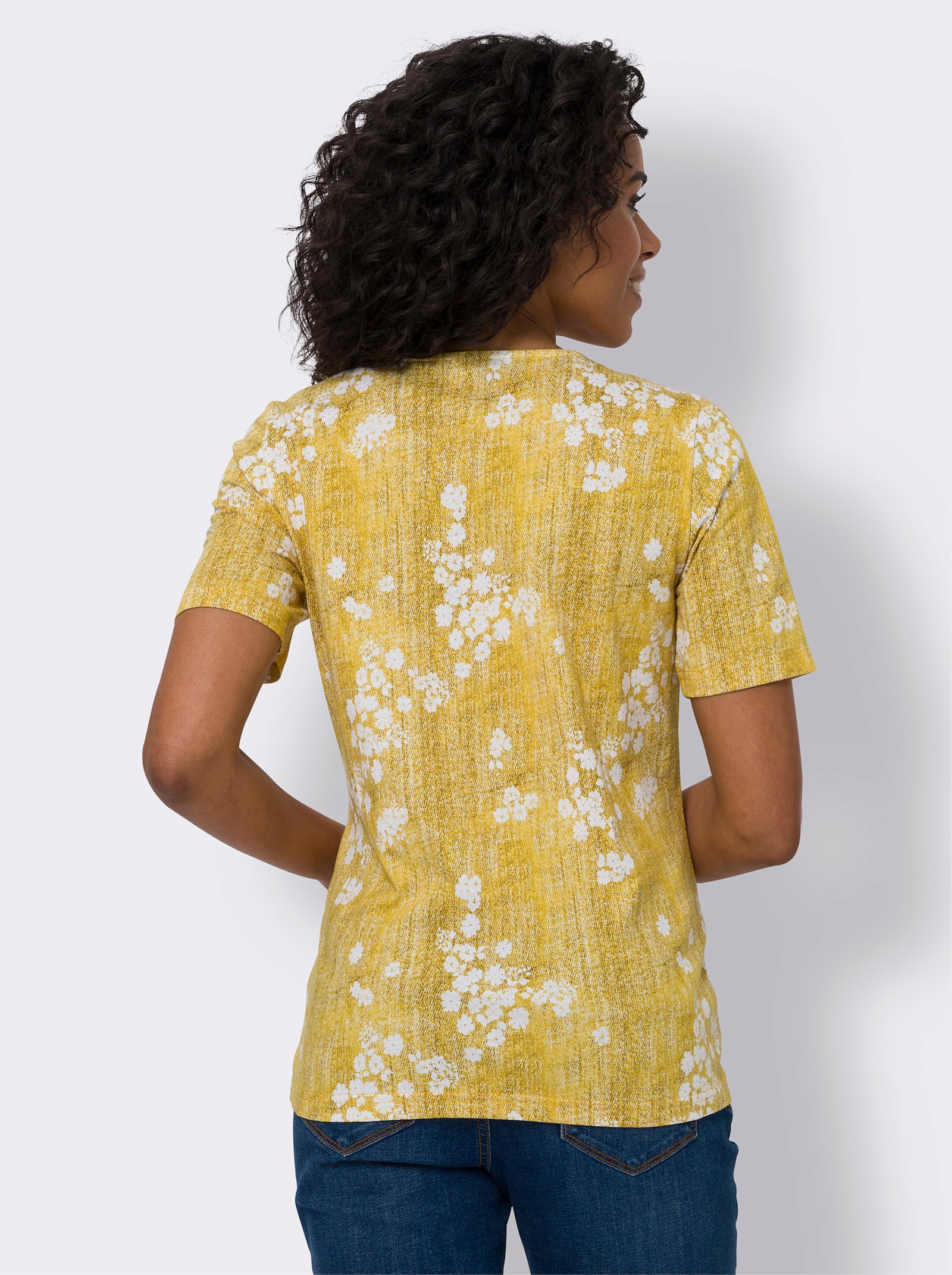 Shirt met korte mouwen in jeanslook - zonnegeel/wit bedrukt
