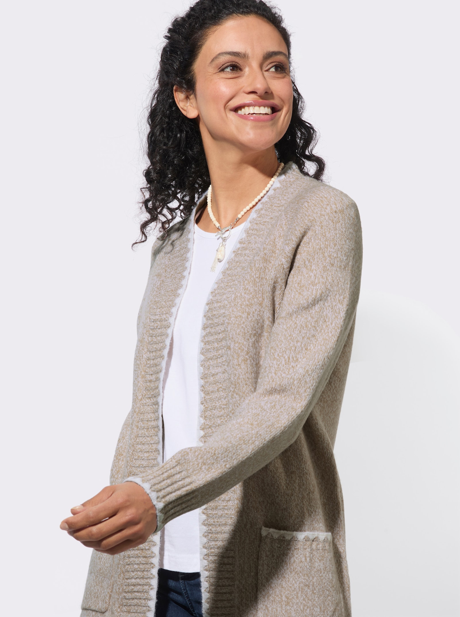 Longstrickjacke in Melange-Garn - sesam-meliert