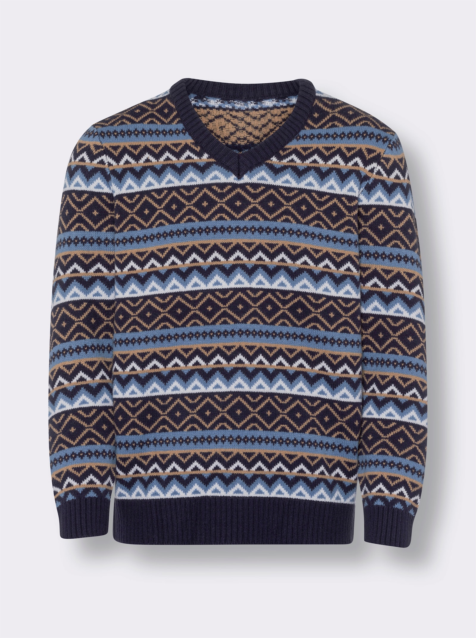 Pullover met V-hals en grafisch breipatroon - marine gedessineerd