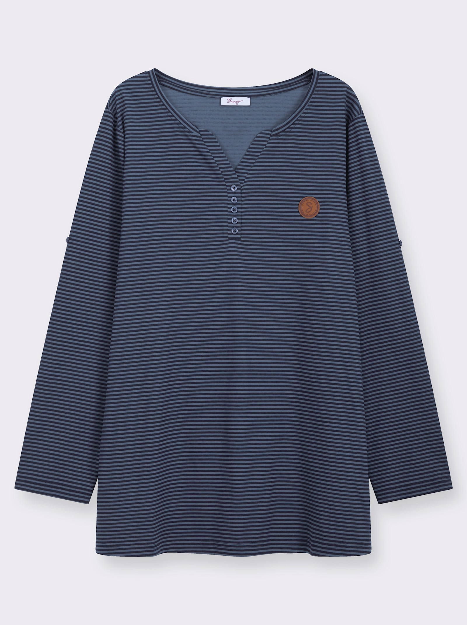 sheego Ringelshirt mit Krempelärmeln - rauchblau-marine-geringelt