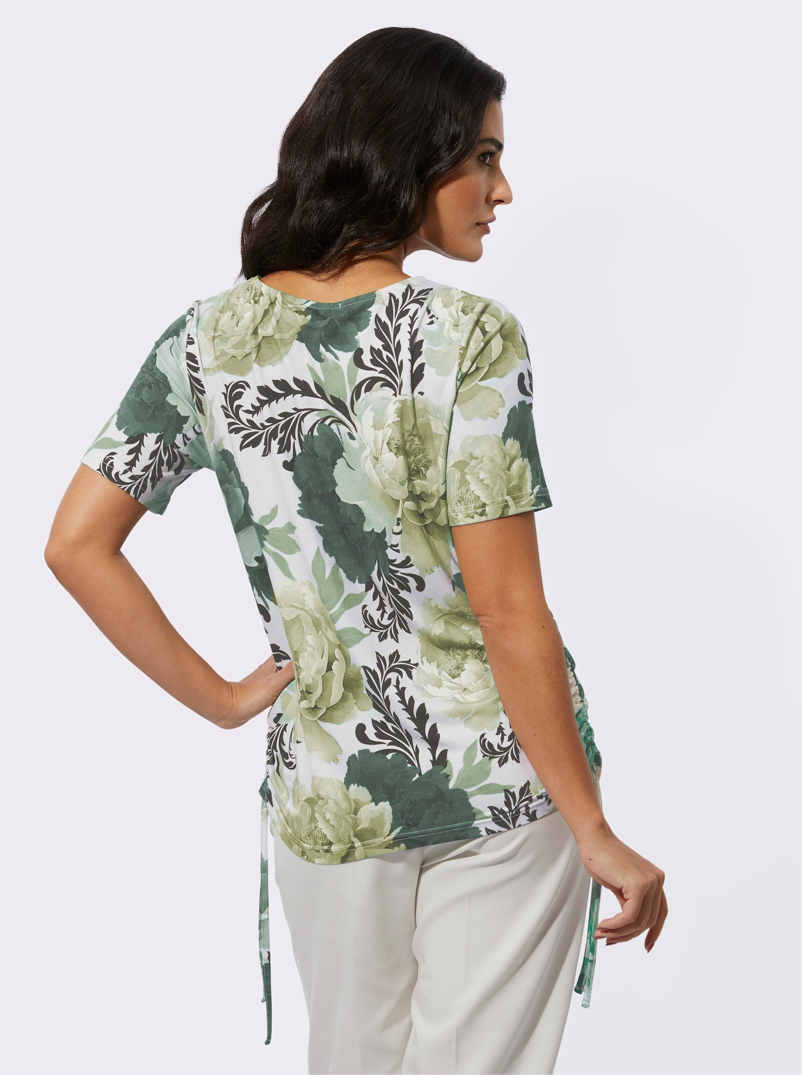  Print-Shirt mit seitlicher Raffung - champagner-lindgrün-bedruckt