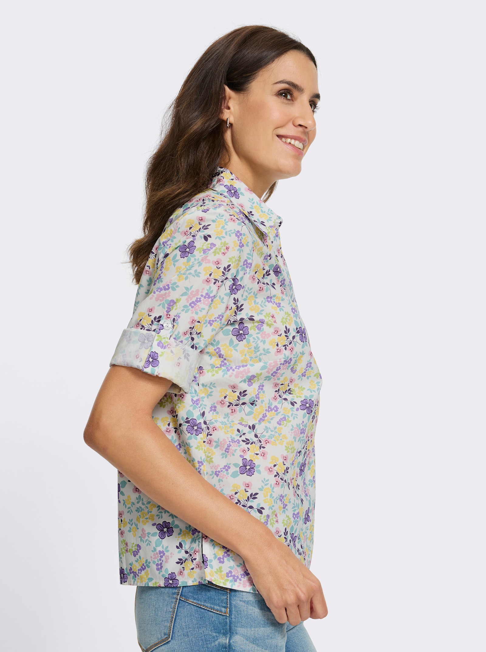 Baumwollbluse mit längenregulierbaren Ärmeln - weiß-bedruckt