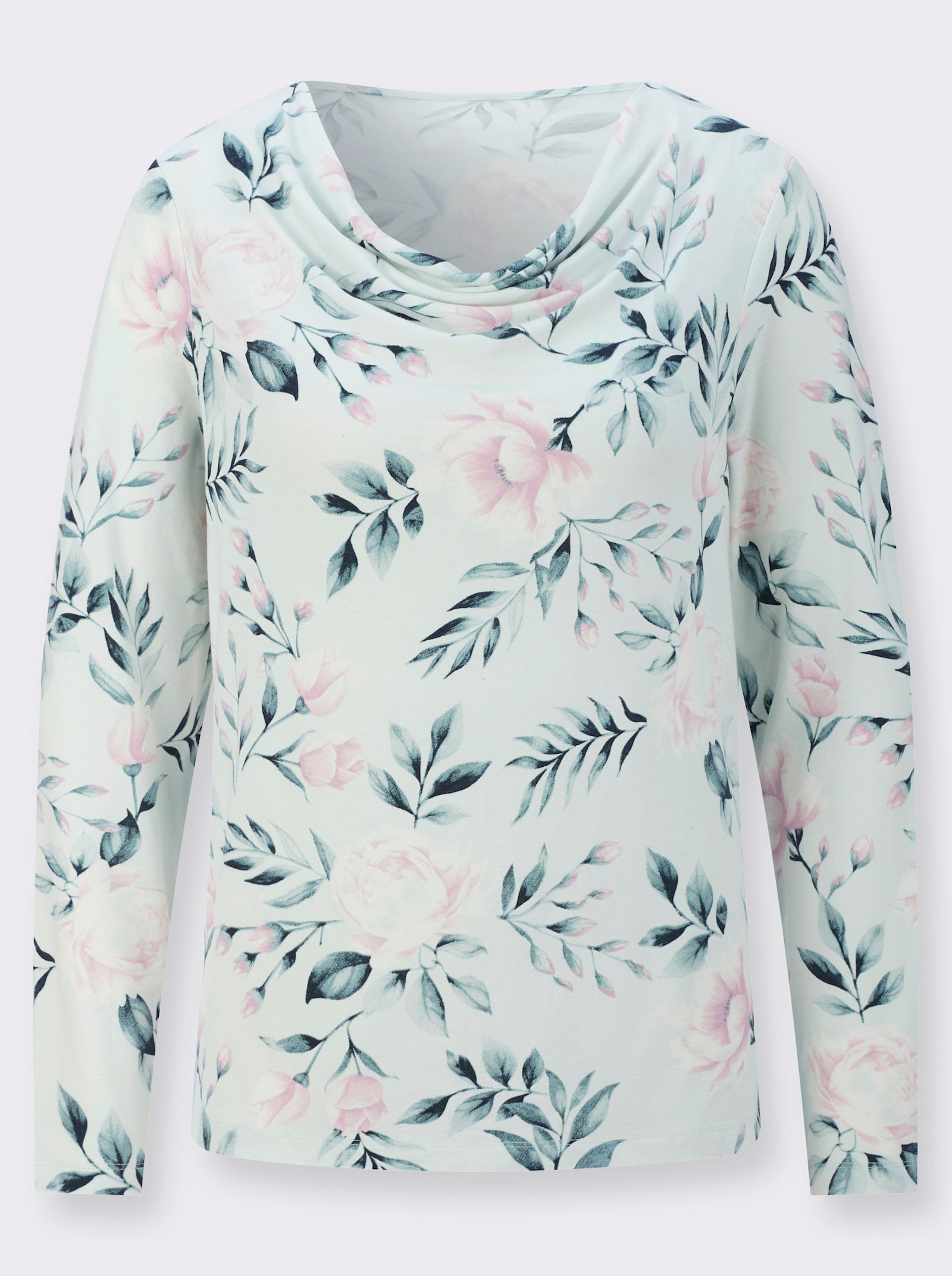 Langarmshirt mit Wasserfall-Ausschnitt - kalkmint-aquapetrol-bedruckt