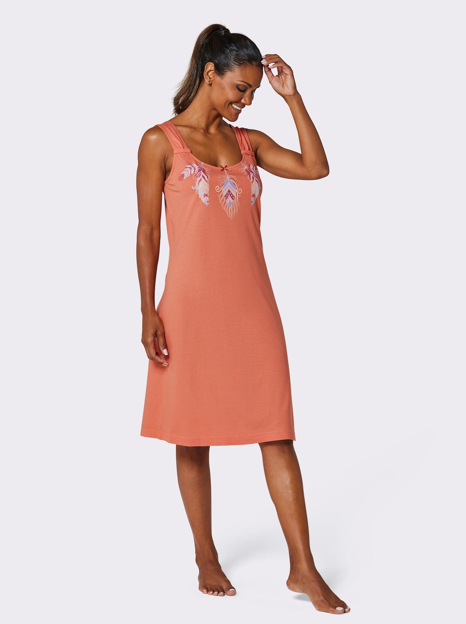 wäschepur Nachthemden met verenprint - ecru bedrukt + papaya