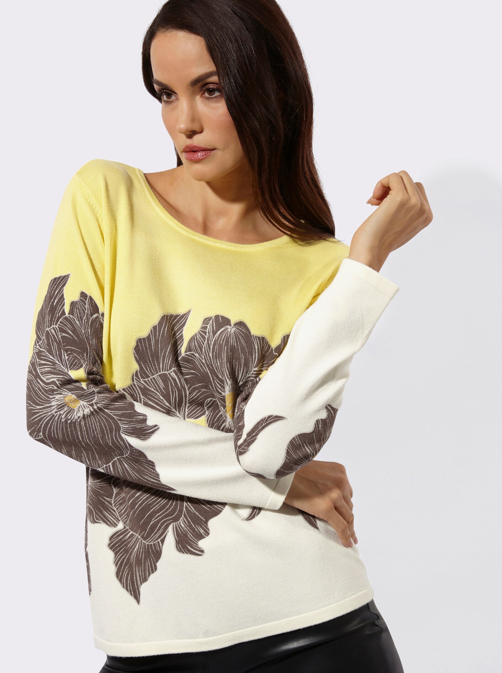 Feinstrickpullover mit Blüten-Dessin - dunkeltaupe-champagner-bedruckt