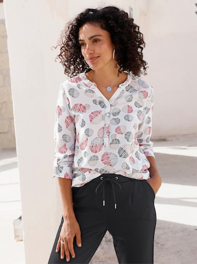 Druckbluse mit Krempel-Ärmel - rot-ecru-bedruckt