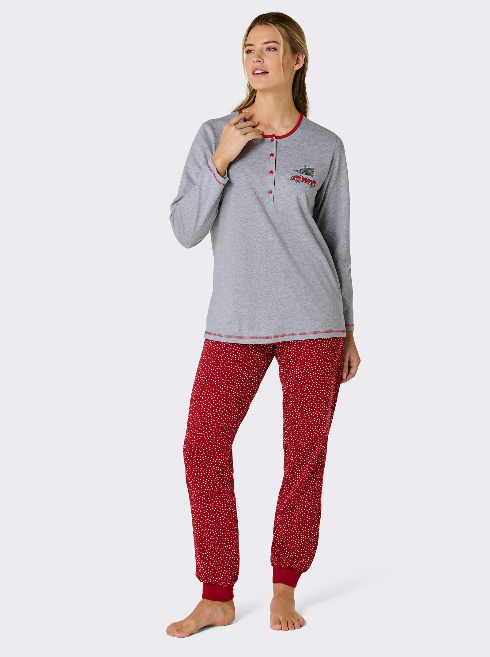 Comtessa Schlafanzug mit platziertem Druck - grau-meliert-rot