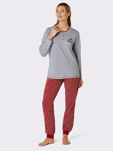 Comtessa Schlafanzug mit platziertem Druck - grau-meliert-rot
