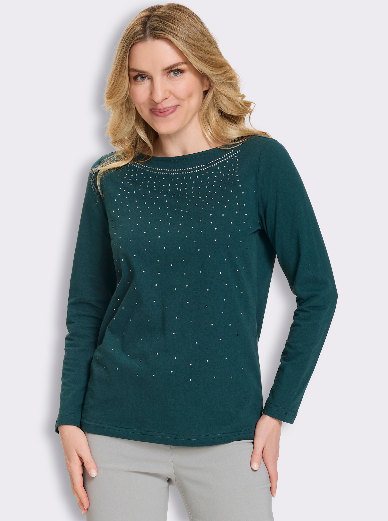 Langarmshirt mit Glitzersteinchen - petrol