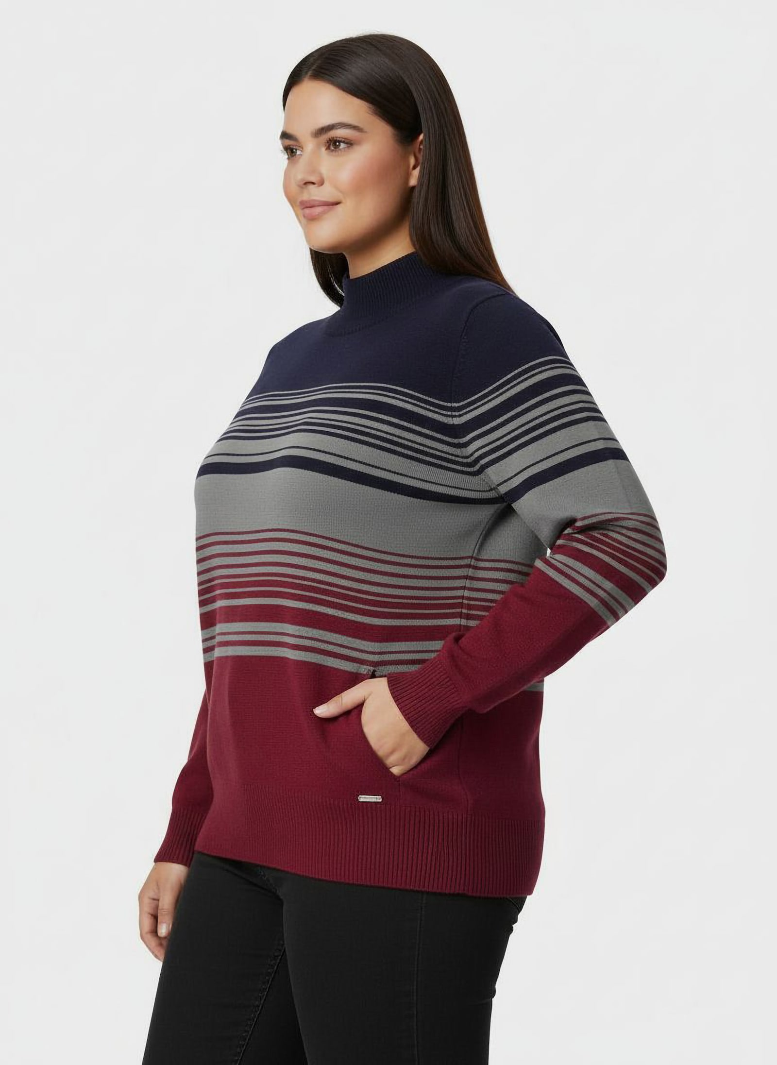 Stehkragenpullover mit Streifen - dunkelrot-grau-gestreift