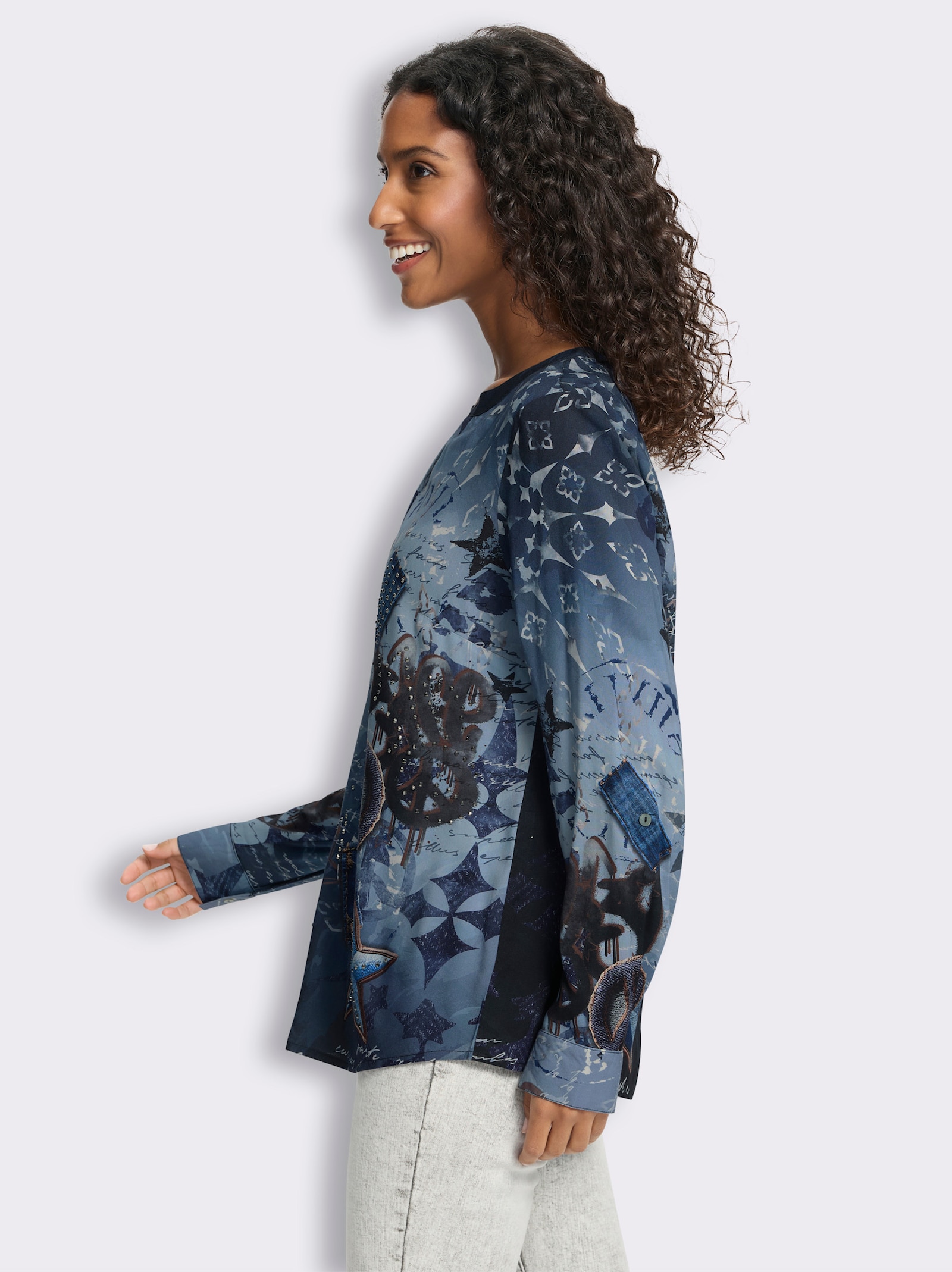 heine Druckbluse - jeansblau-steingrau-bedruckt