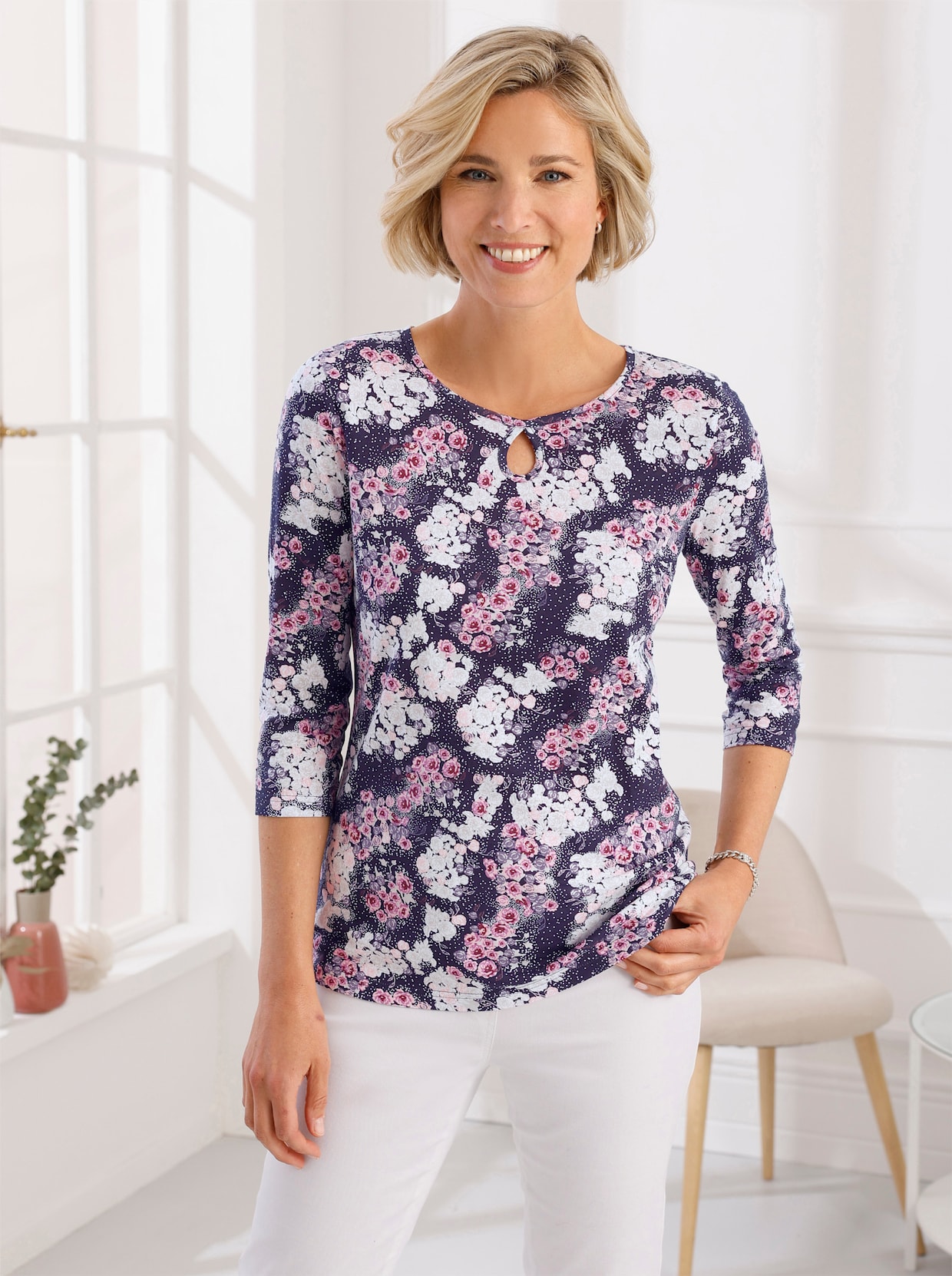 Shirt met 3/4-mouw - marine/wit geprint