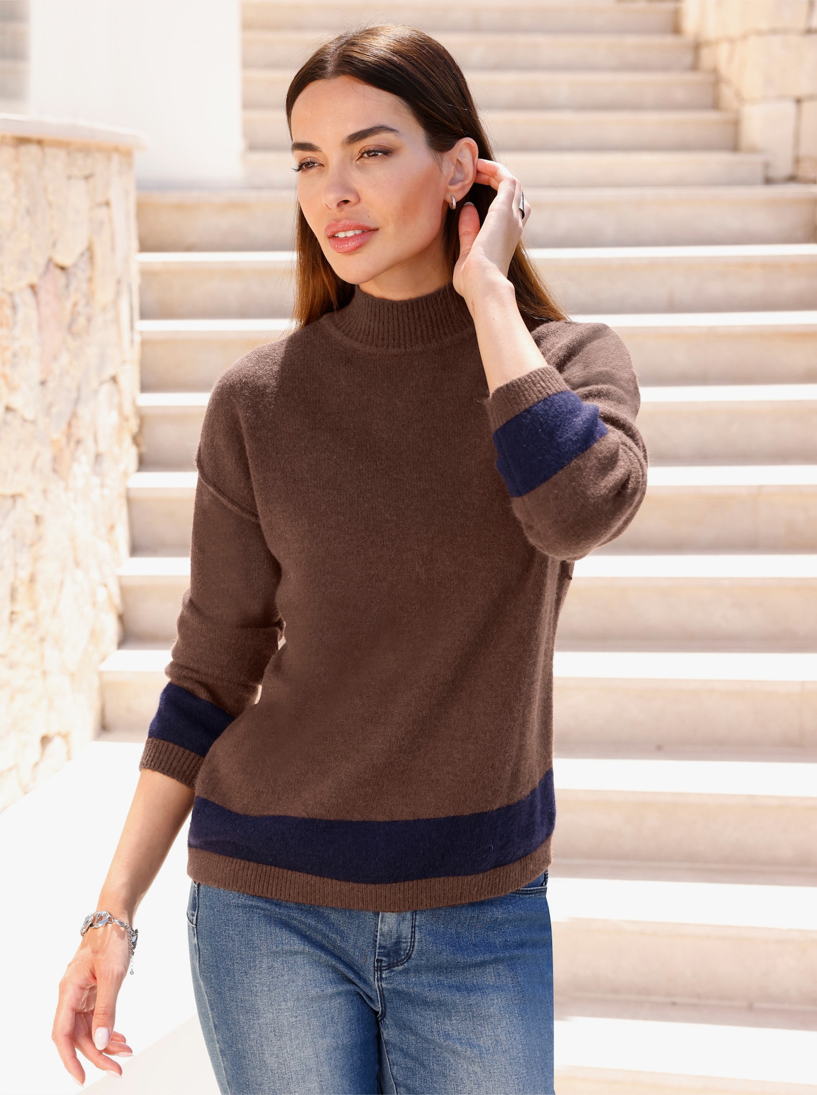 heine Stehkragenpullover mit schrägem Saum - schoko-marine