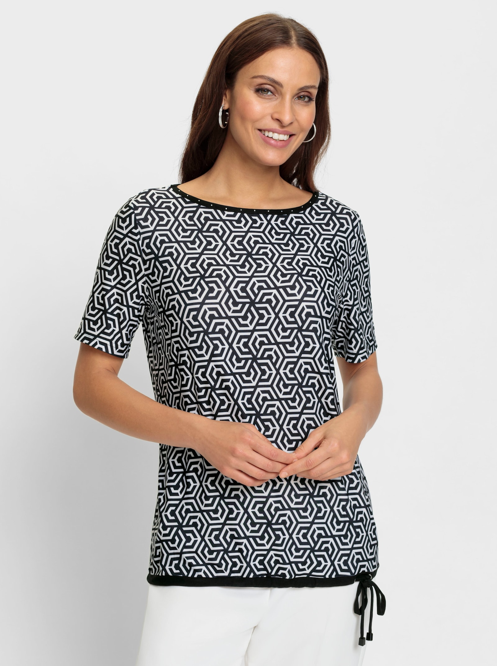 Shirt met glittersteentjes bij de hals - zwart/wit geprint