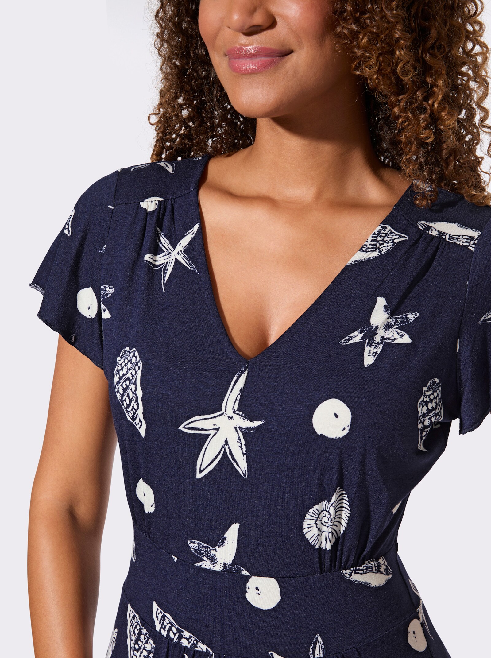 Jerseykleid mit Raffungen - marine-weiß-bedruckt