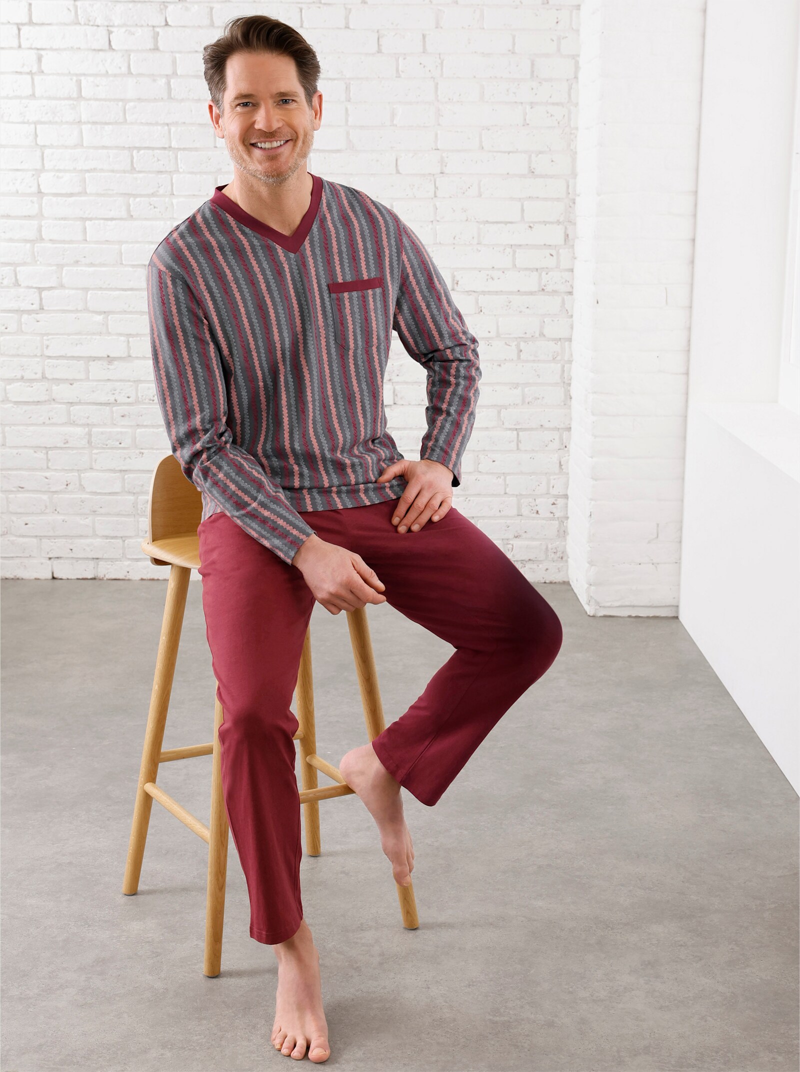 wäschepur men Pyjama's - donkerrood + donkerrood/antraciet bedrukt