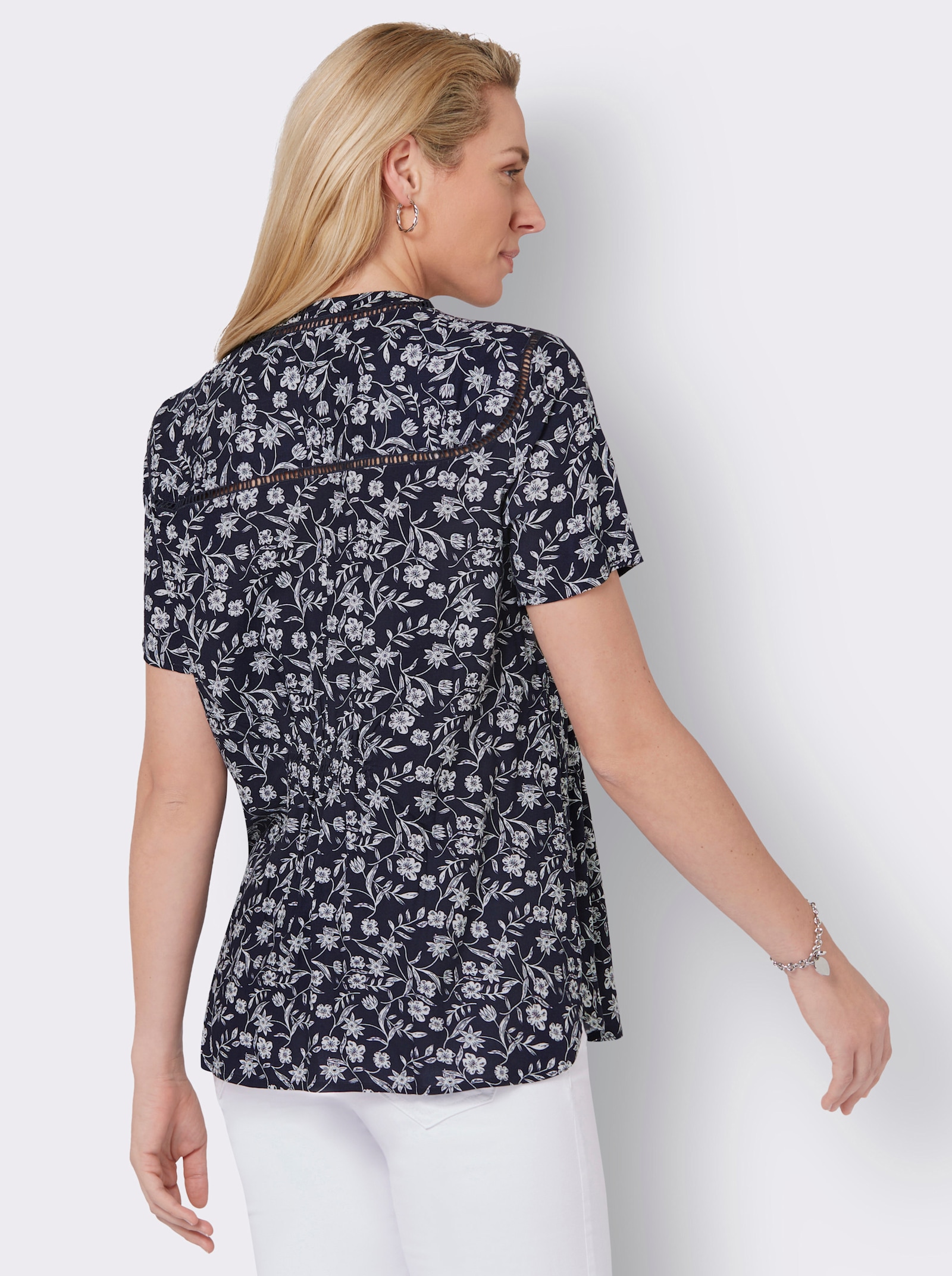 Blouse met print en zijsplitten - marine/ecru geprint