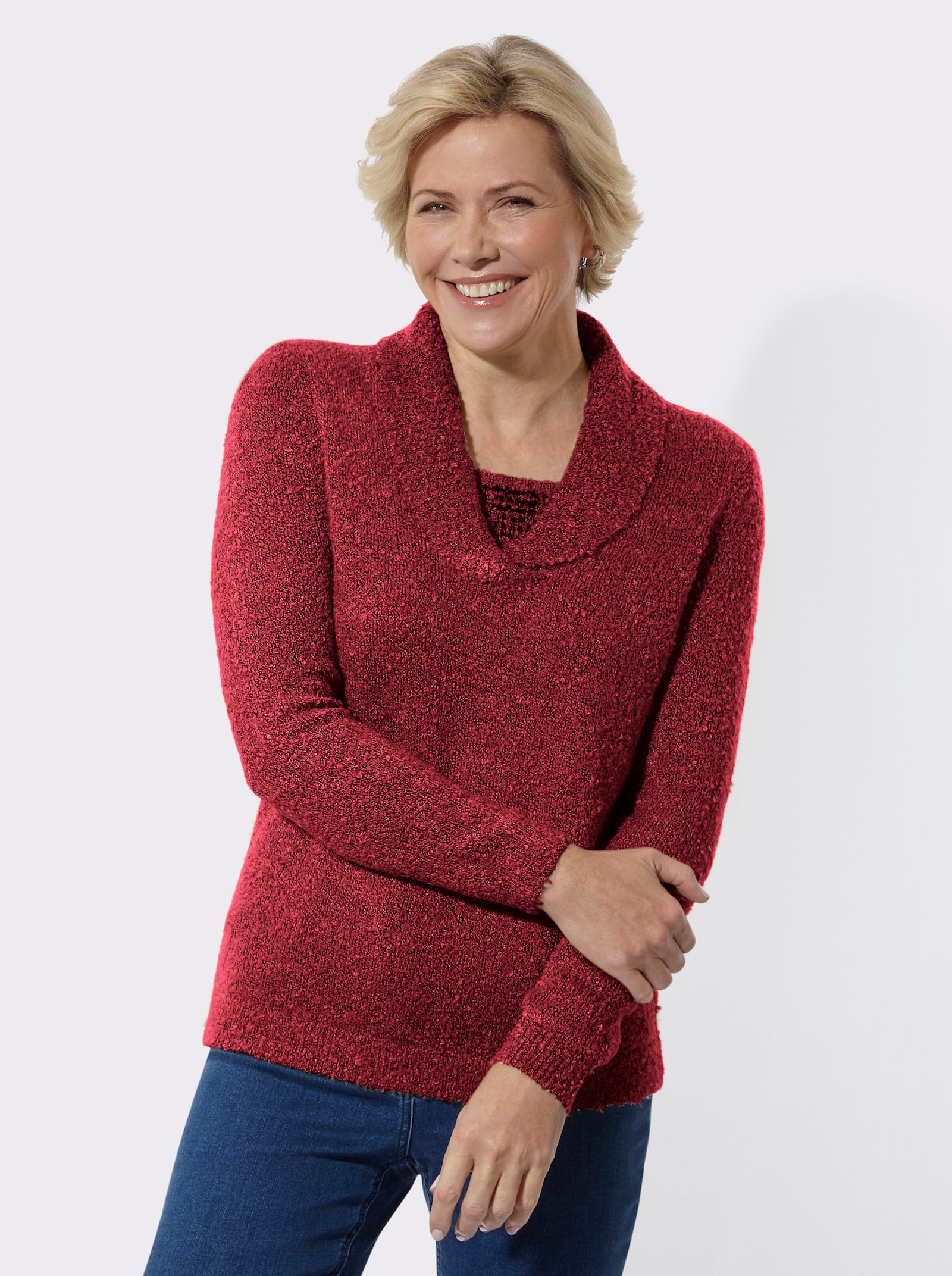 Pullover in 2-in-1-Optik mit Schalkragen - kirsche