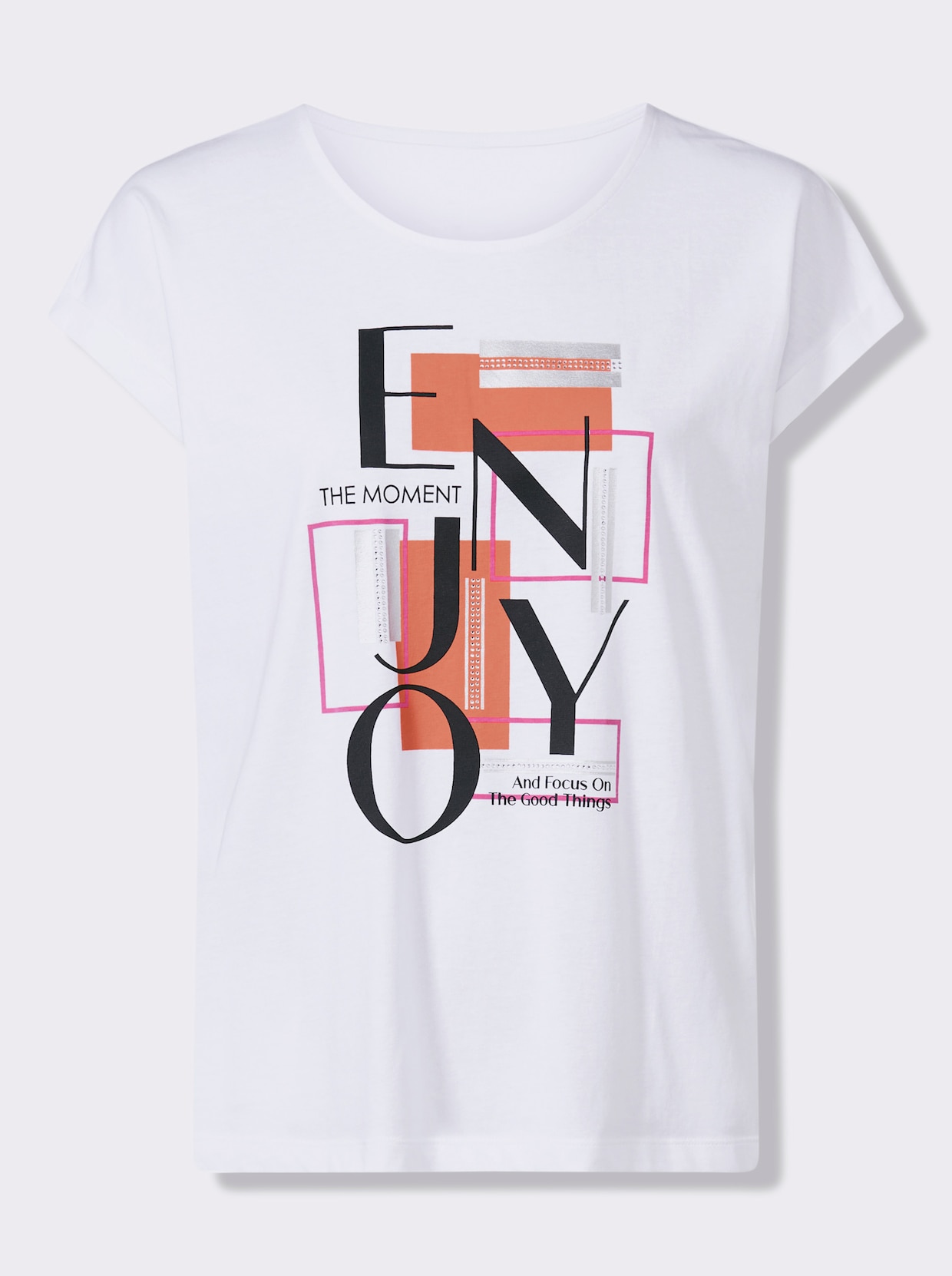 Kurzarmshirt mit Schriftzug - weiß-papaya