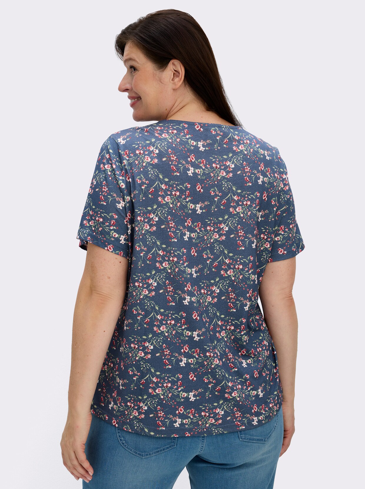 Kurzarmshirt mit Reissverschluss am Ausschnitt - jeansblau-hellrosé-gemustert