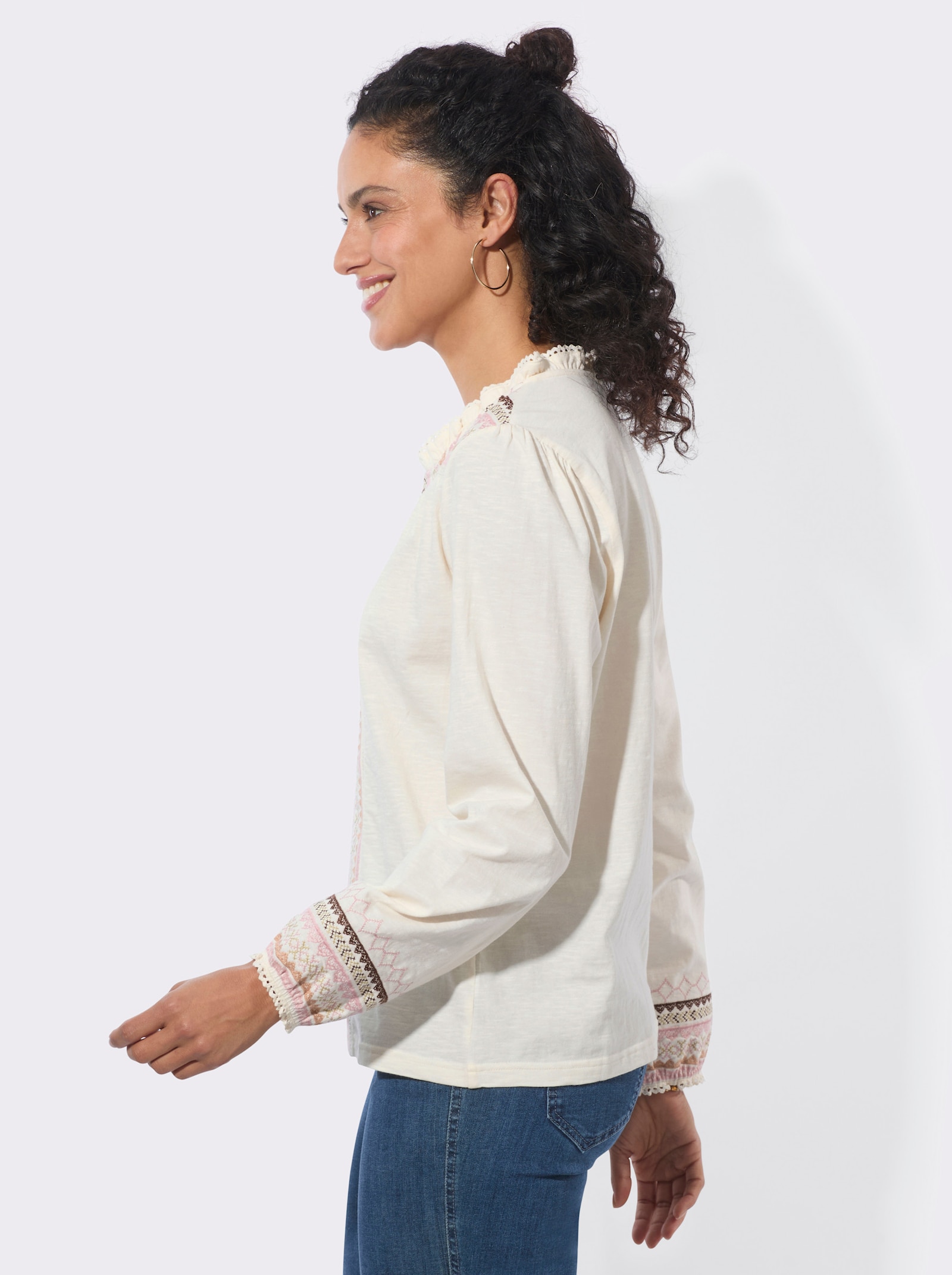 Langarmshirt mitmehrfarbiger Bordüre - champagner