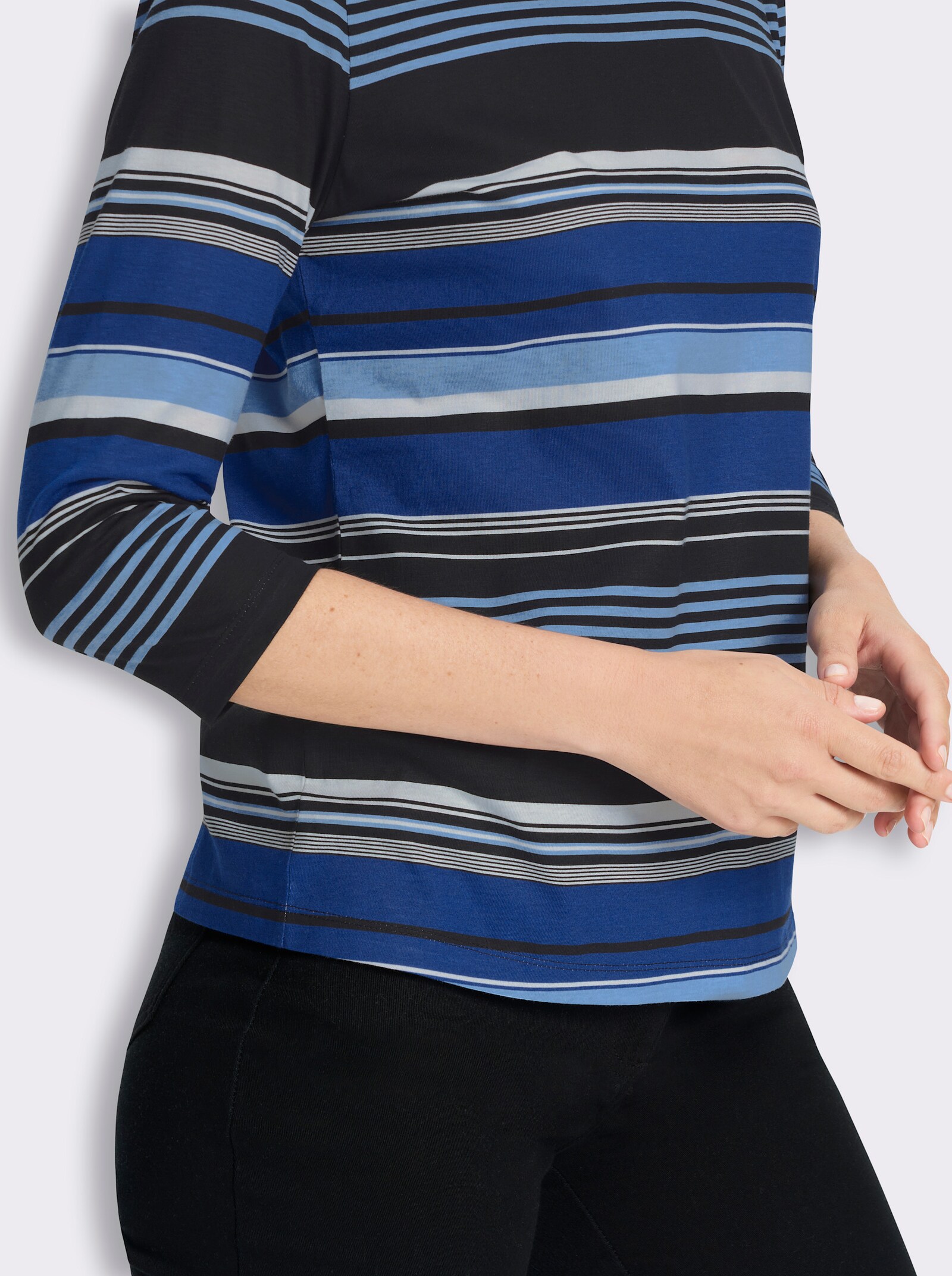 3/4-Arm-Shirt aus Baumwolle, gestreift - royalblau-schwarz-geringelt