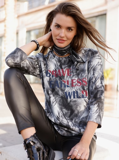Sweatshirt mit Schriftzug mit Glitzersteinchen - weiß-anthrazit-bedruckt