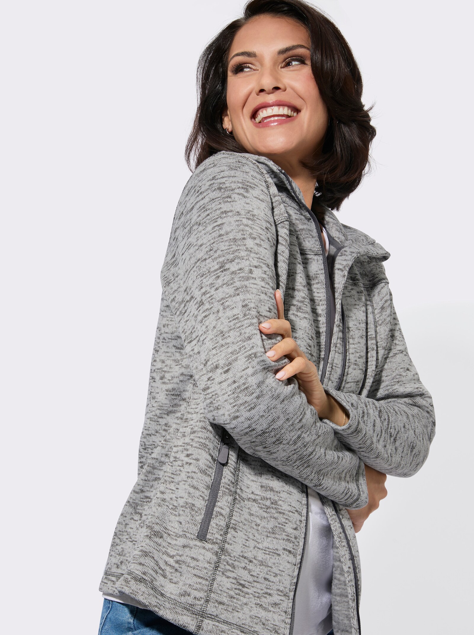 Strickfleece-Jacke mit Teilungsnähten - hellgrau-meliert