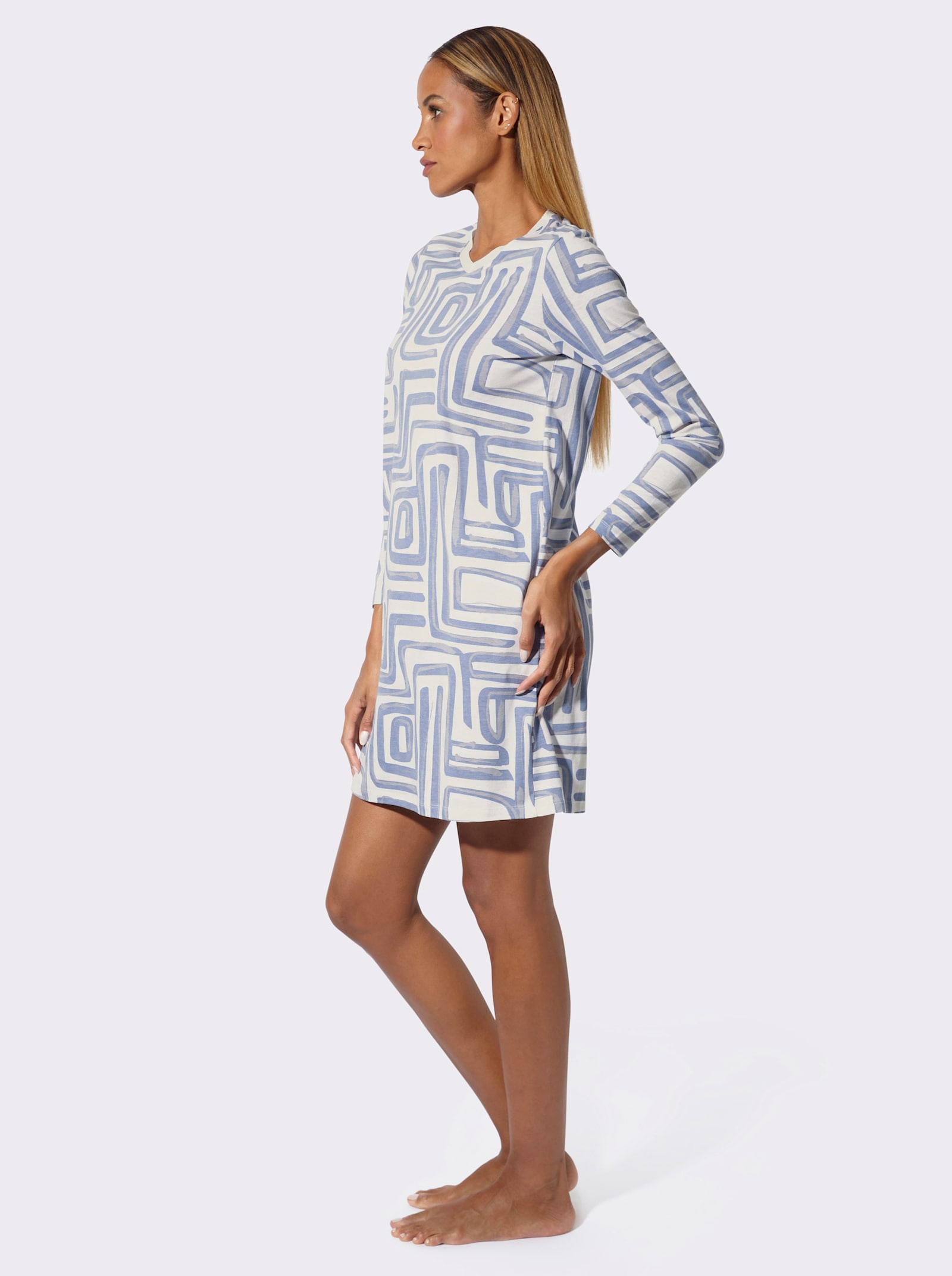 wäschepur Nachthemd mit Mesh-Detail - champagner-rauchblau-bedruckt