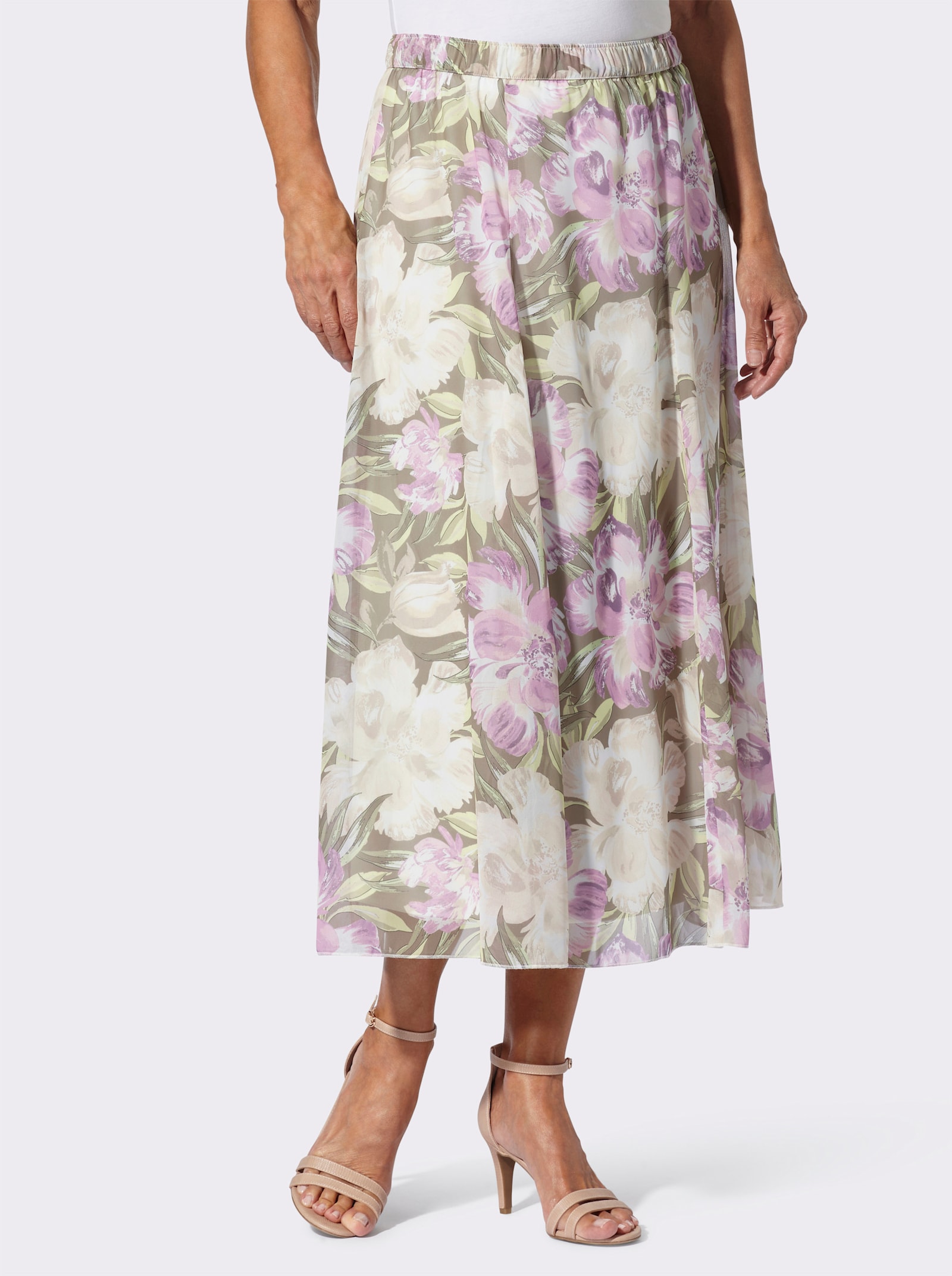 Vådskuren kjol i georgette - pistasch-orkidé-med tryck