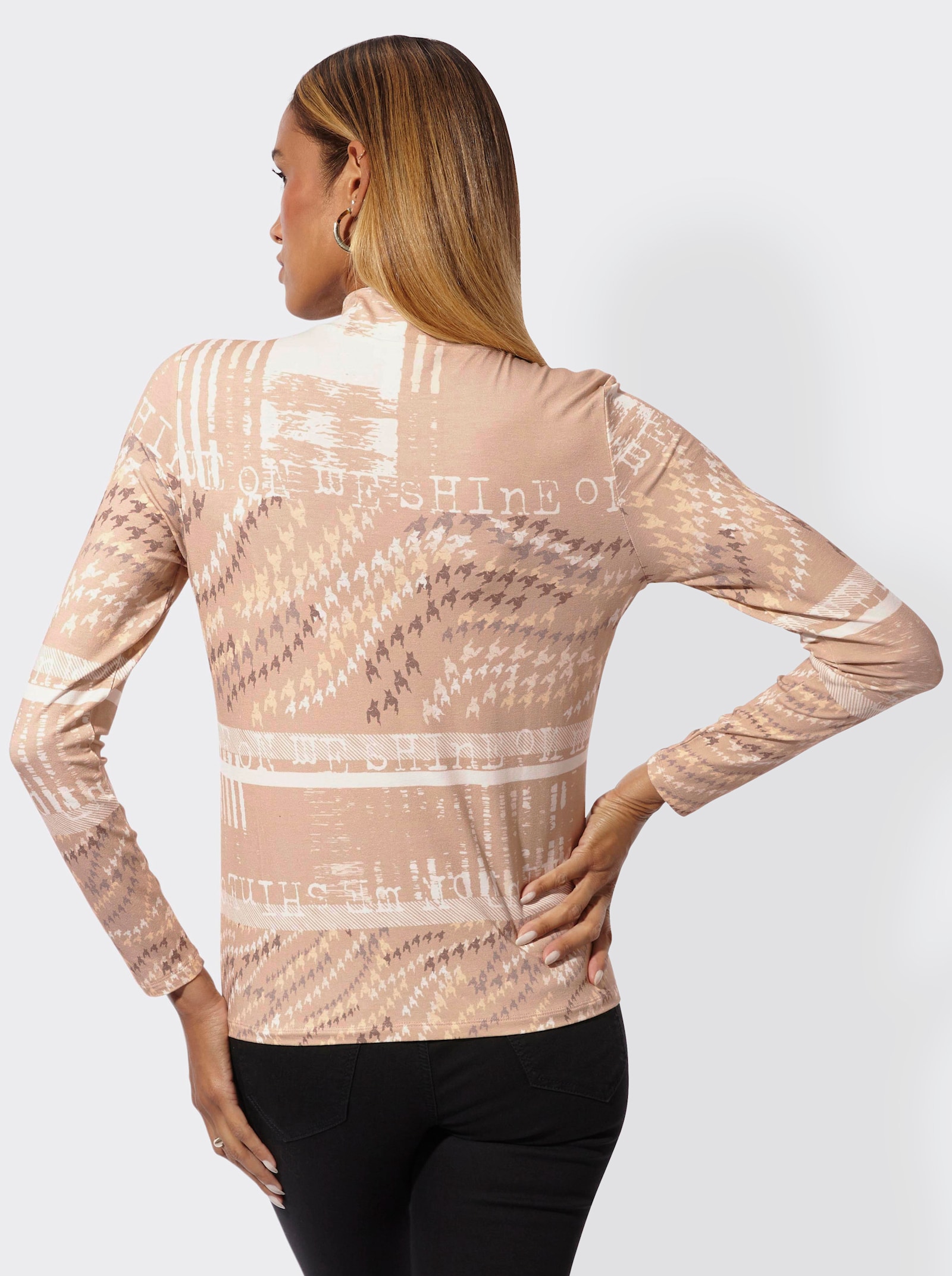 Stehkragenshirt - beige-vanille-bedruckt