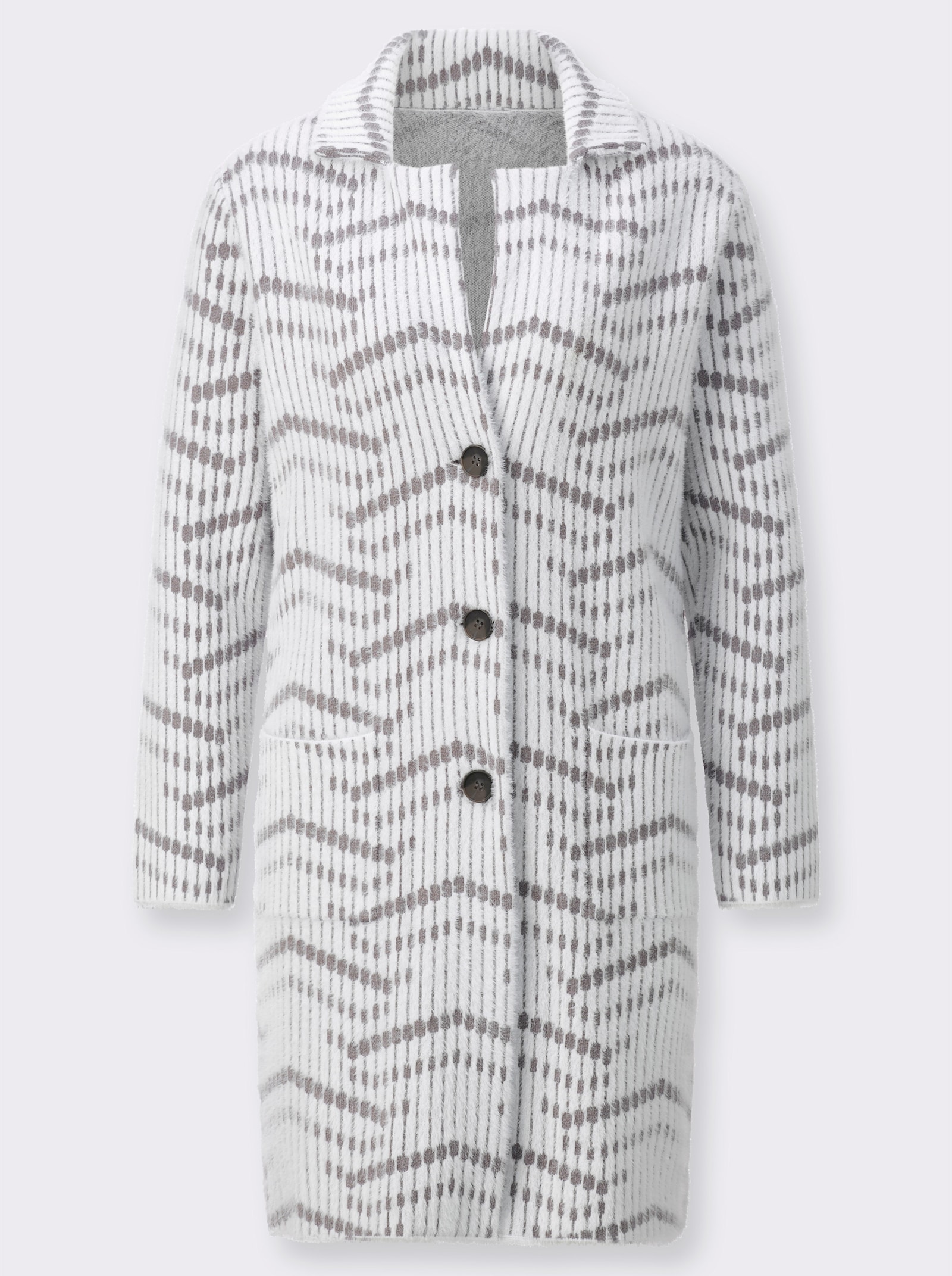 Strickmantel in haarigem Flauschgarn - ecru-grau-gemustert