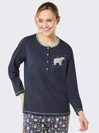 Comtessa Schlafanzugshirt mit kontrastfarbigen Ziernähten - jeansblau-ozean