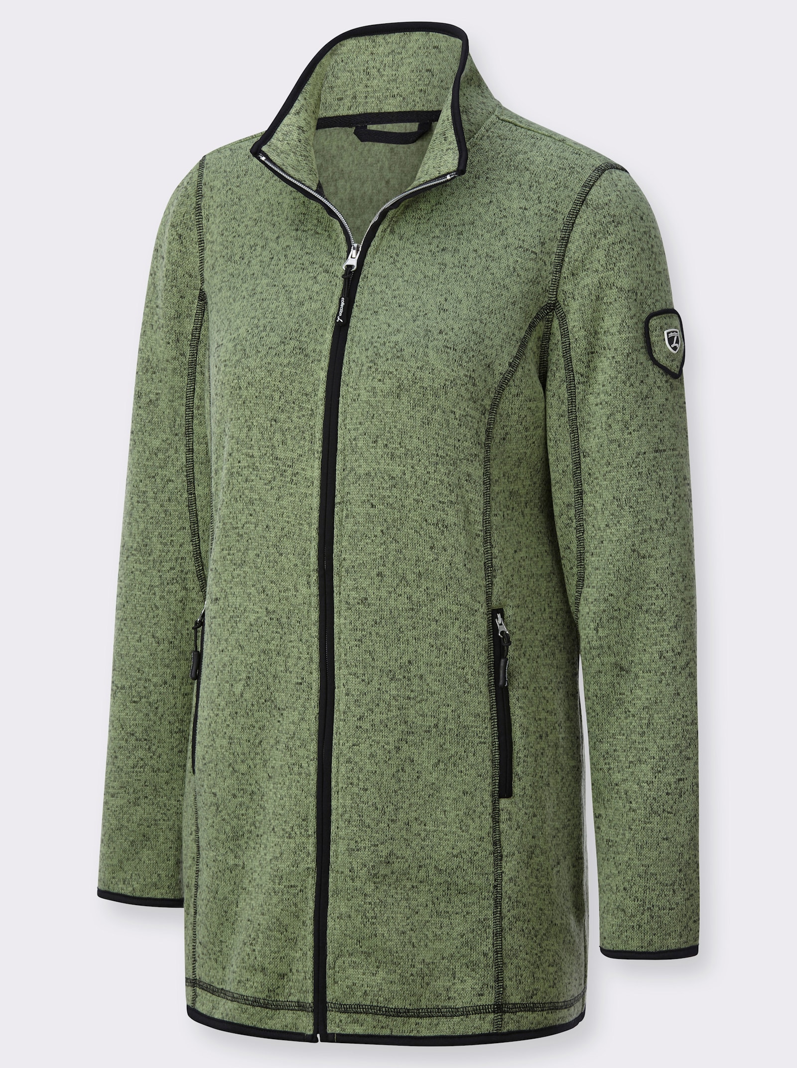 Strickfleecejacke in Longform - eucalyptus-schwarz-gemustert