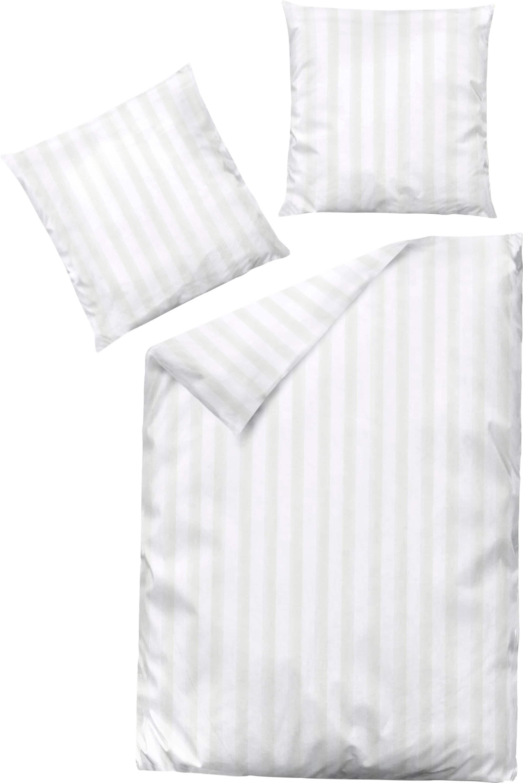 Das Ei günstig Kaufen-Bettwäsche in weiß von Dormisette. Bettwäsche in weiß von Dormisette <![CDATA[Bettwäsche Luxuriöse Bettwäsche in hochwertiger Baumwoll-Qualität. Das klassische Blockstreifen-Dessin entsteht durch eine spezielle Webart, die nur weni