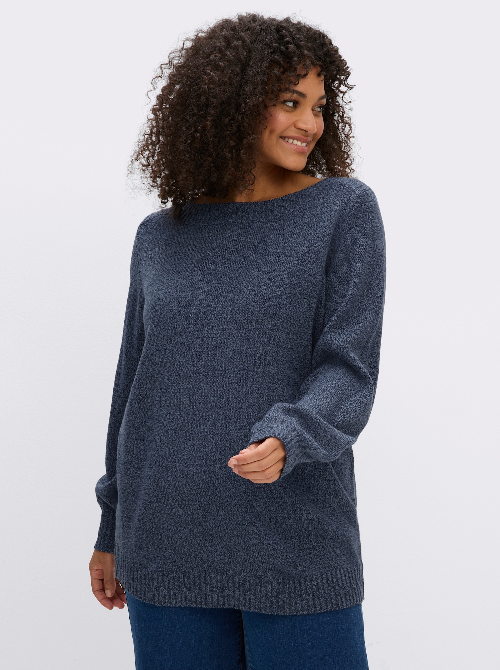 sheego Strickpullover mit U-Boot-Ausschnitt - tiefblau-meliert