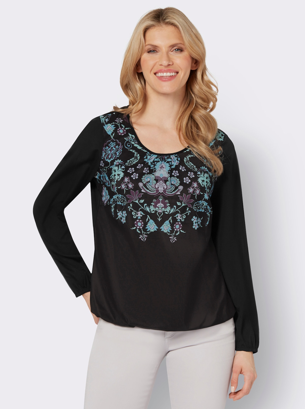 Blouse met lange mouwen - zwart/turquoise geprint