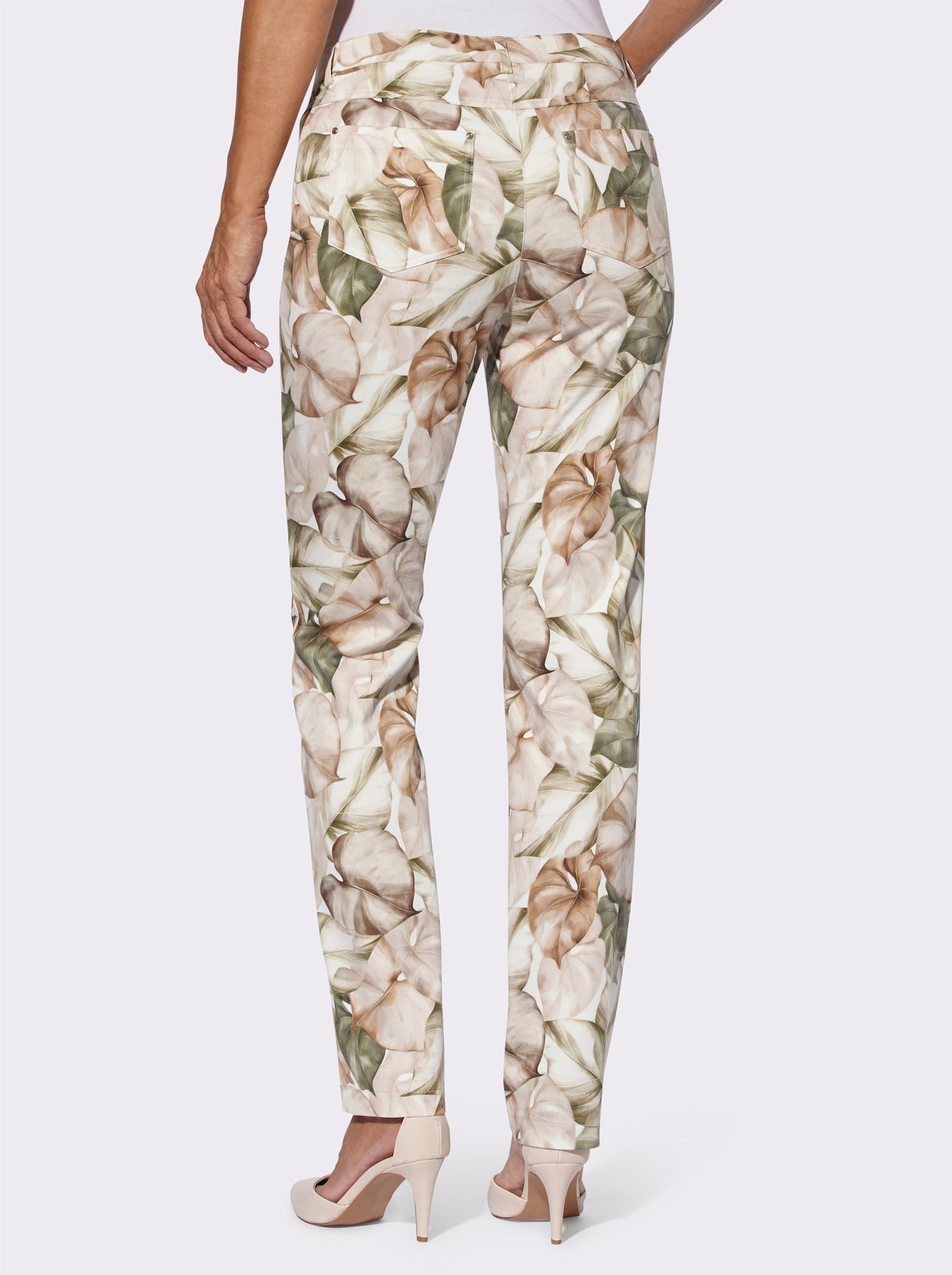Broek met print in bladdessin - ecru/kaki geprint