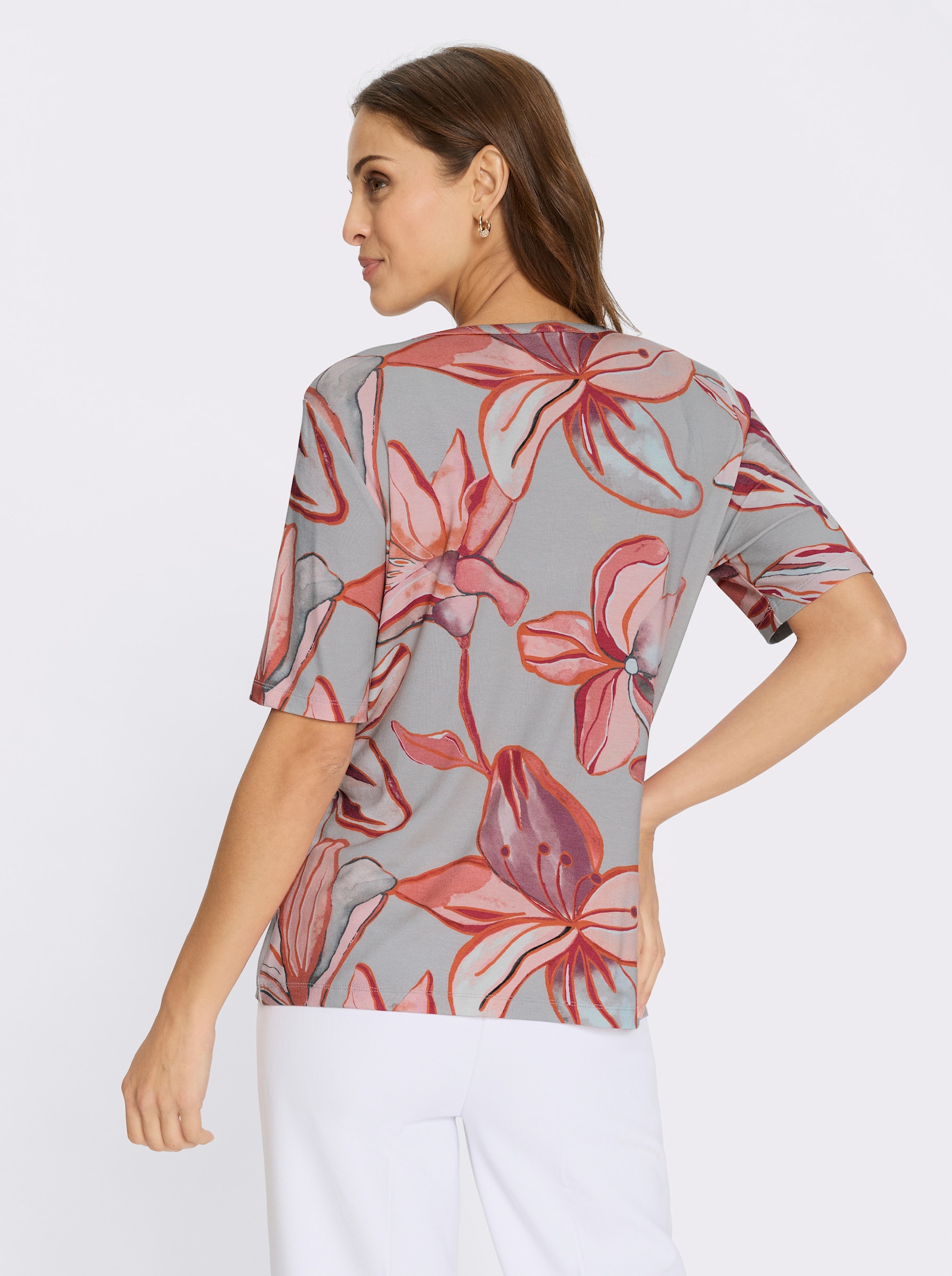 Print-Shirt mit farbbrillanten Blütendruck - hellgrau-koralle-bedruckt